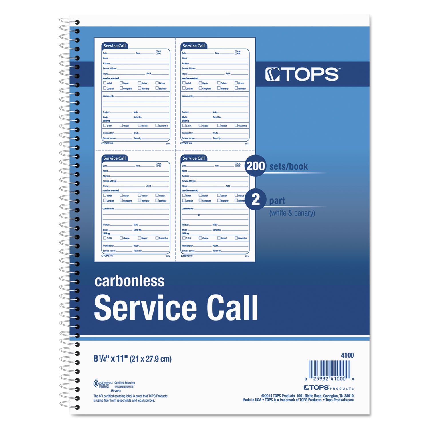 Service Call Book, Two-Part Carbonless, 5.5 x 3.88, 4 Forms/Sheet, 200 Forms Total - 