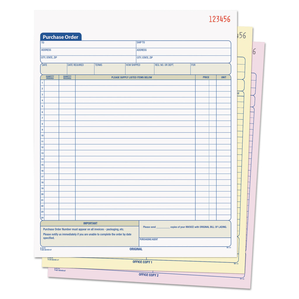 Purchase Order Book, 22 Lines, Three-Part Carbonless, 8.38 x 10.19, 50 Forms Total - 
