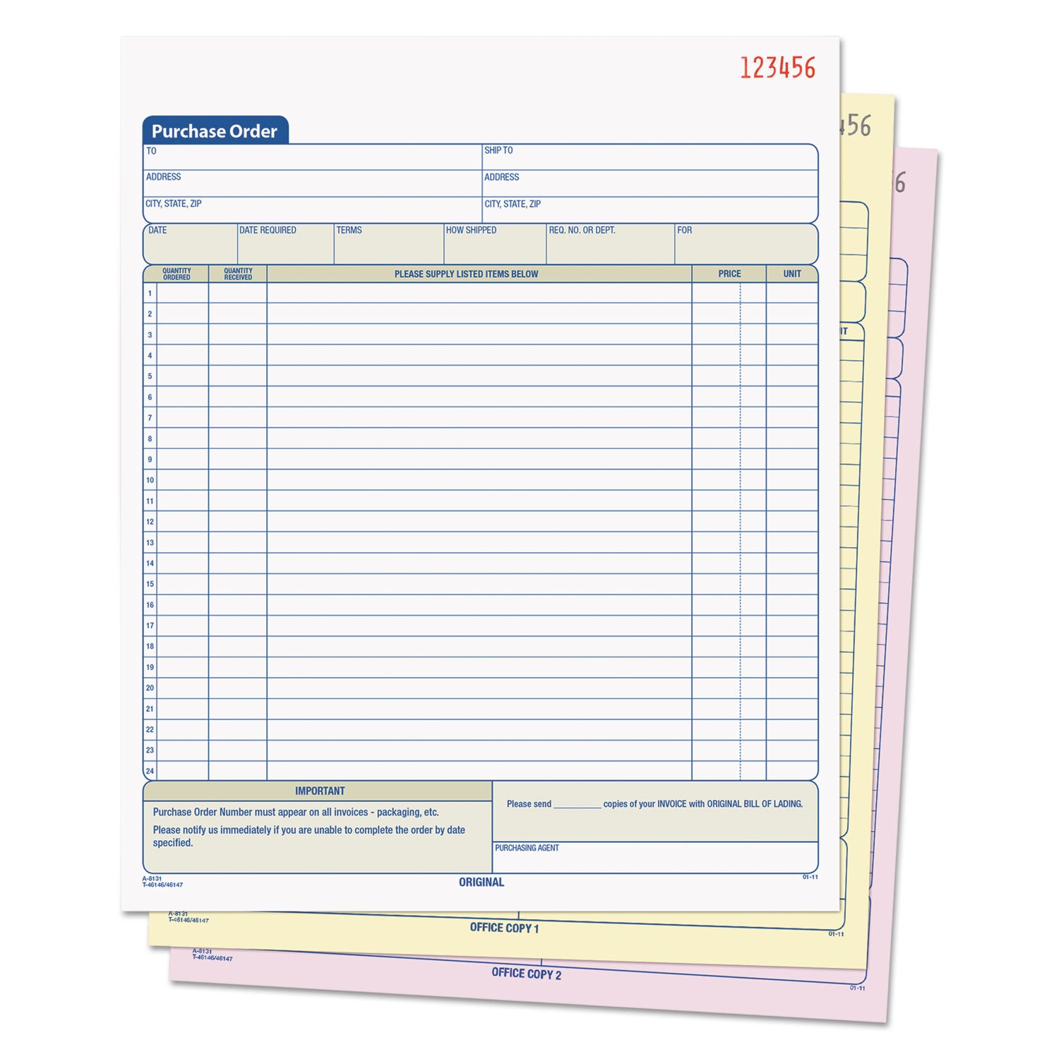 Purchase Order Book, 22 Lines, Three-Part Carbonless, 8.38 x 10.19, 50 Forms Total - 