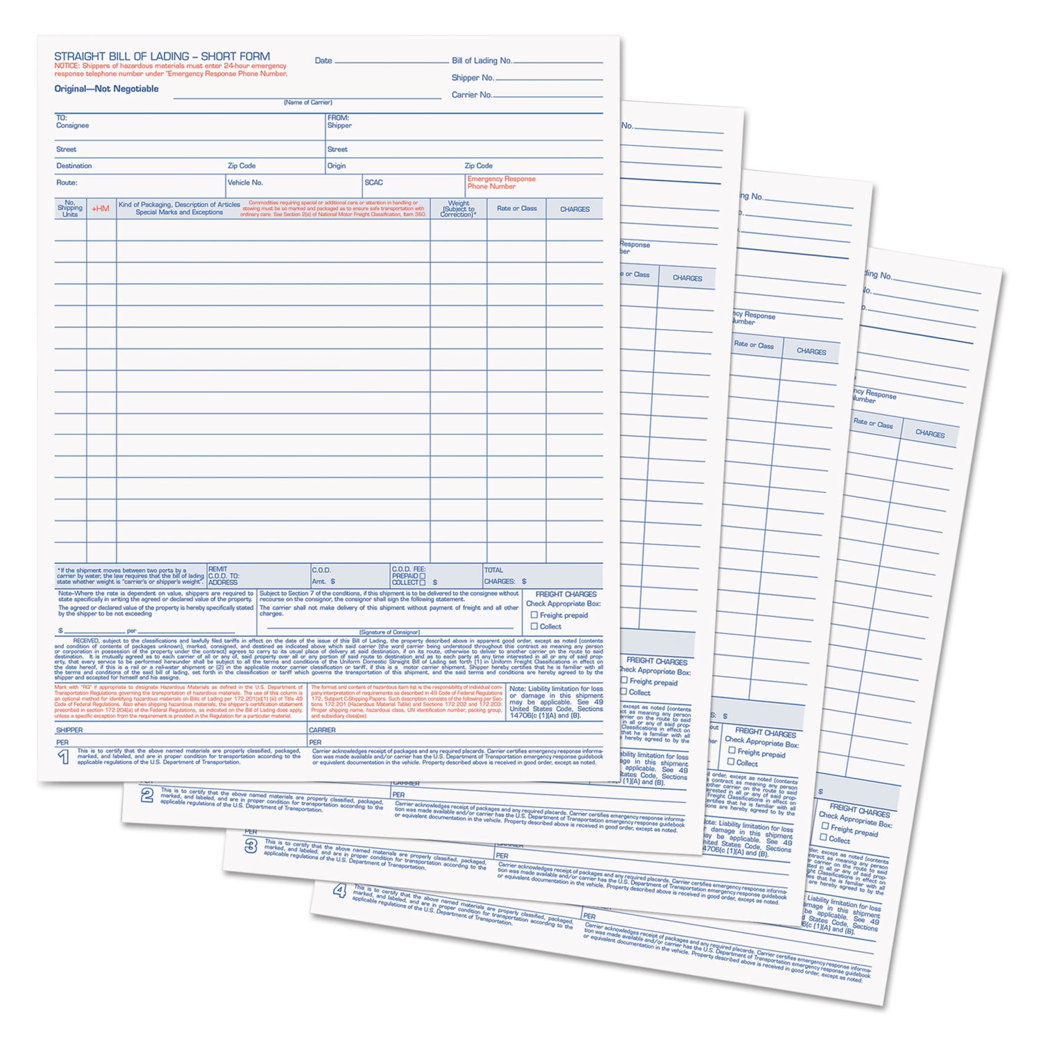 Bill of Lading, Four-Part Carbonless, 8.5 x 11, 50 Forms Total - 