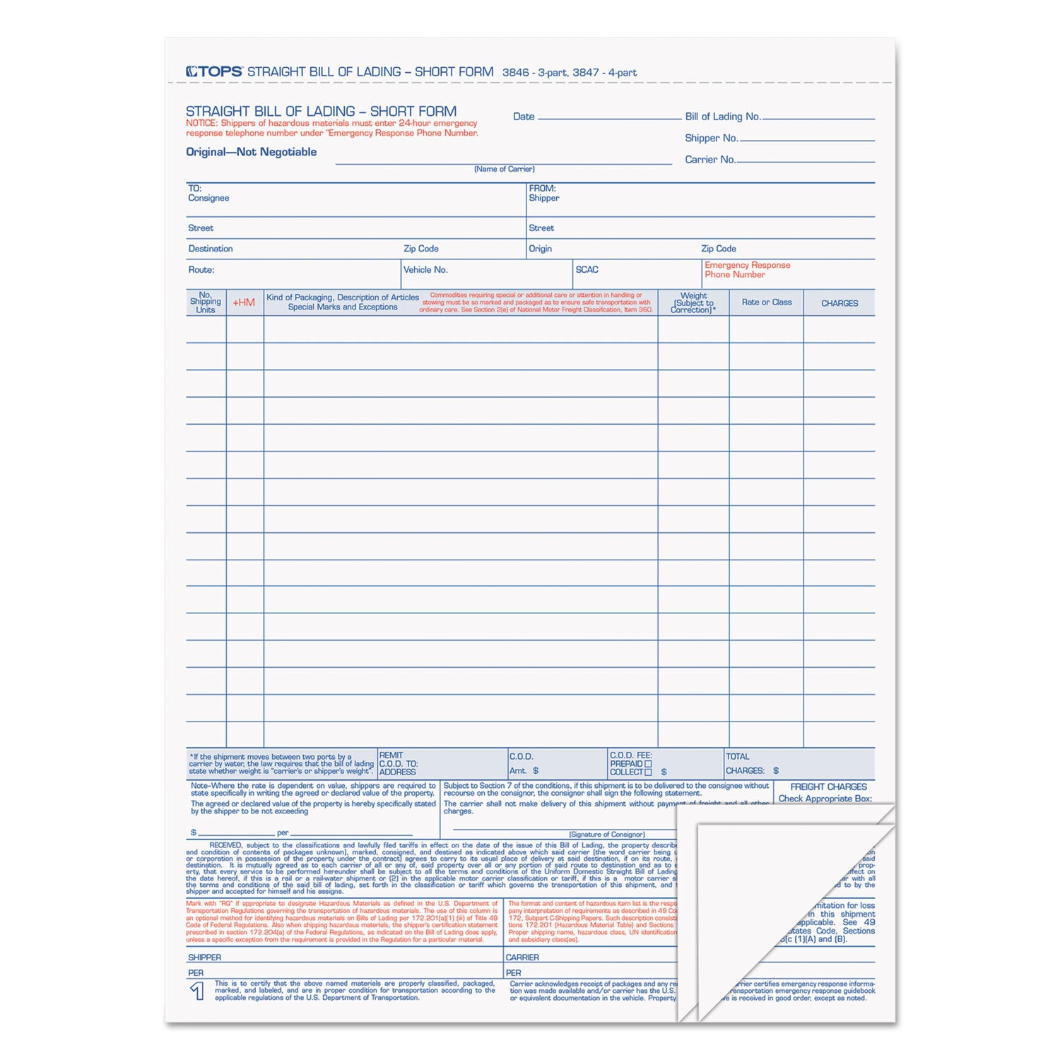 Bill of Lading, Three-Part Carbonless, 8.5 x 11, 50 Forms Total - 