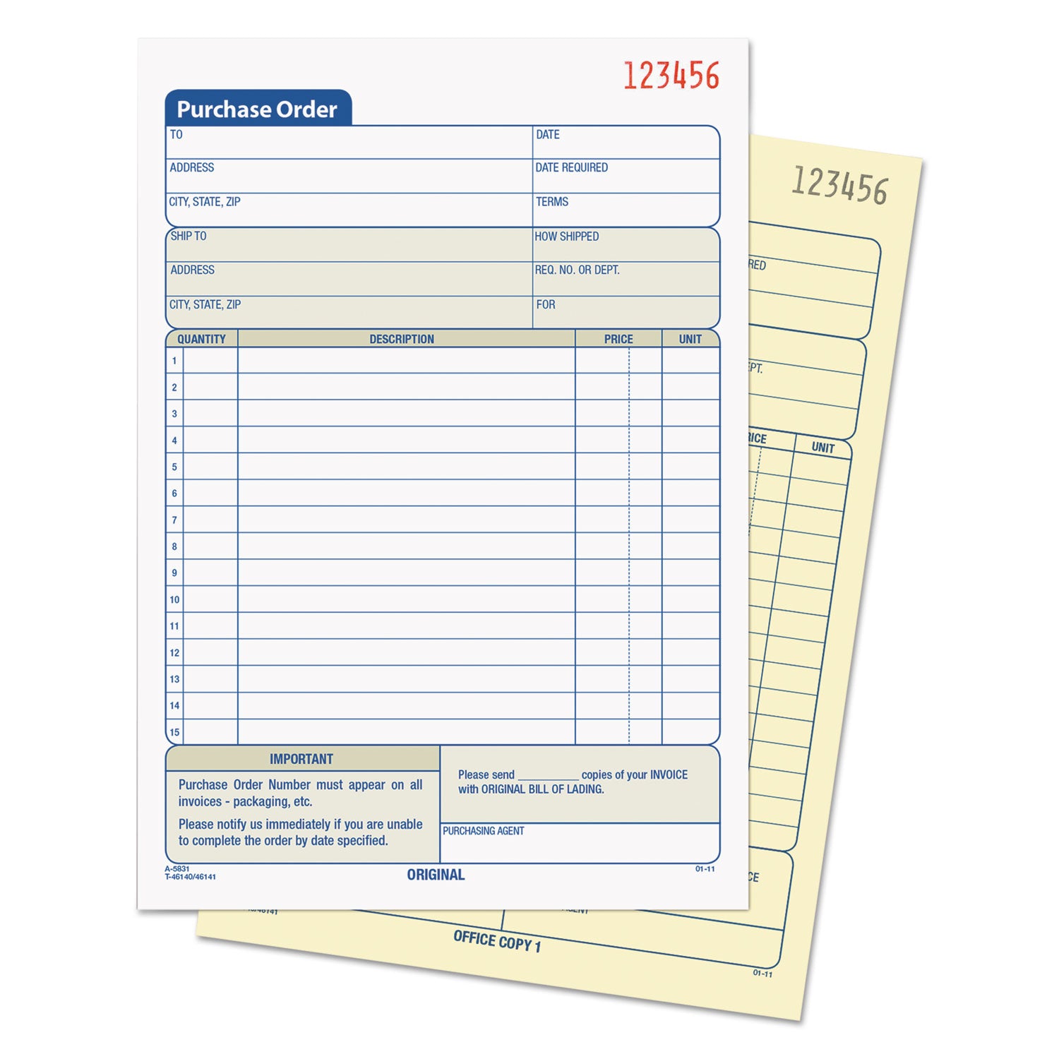 Purchase Order Book, 12 Lines, Two-Part Carbonless, 5.56 x 8.44, 50 Forms Total - 