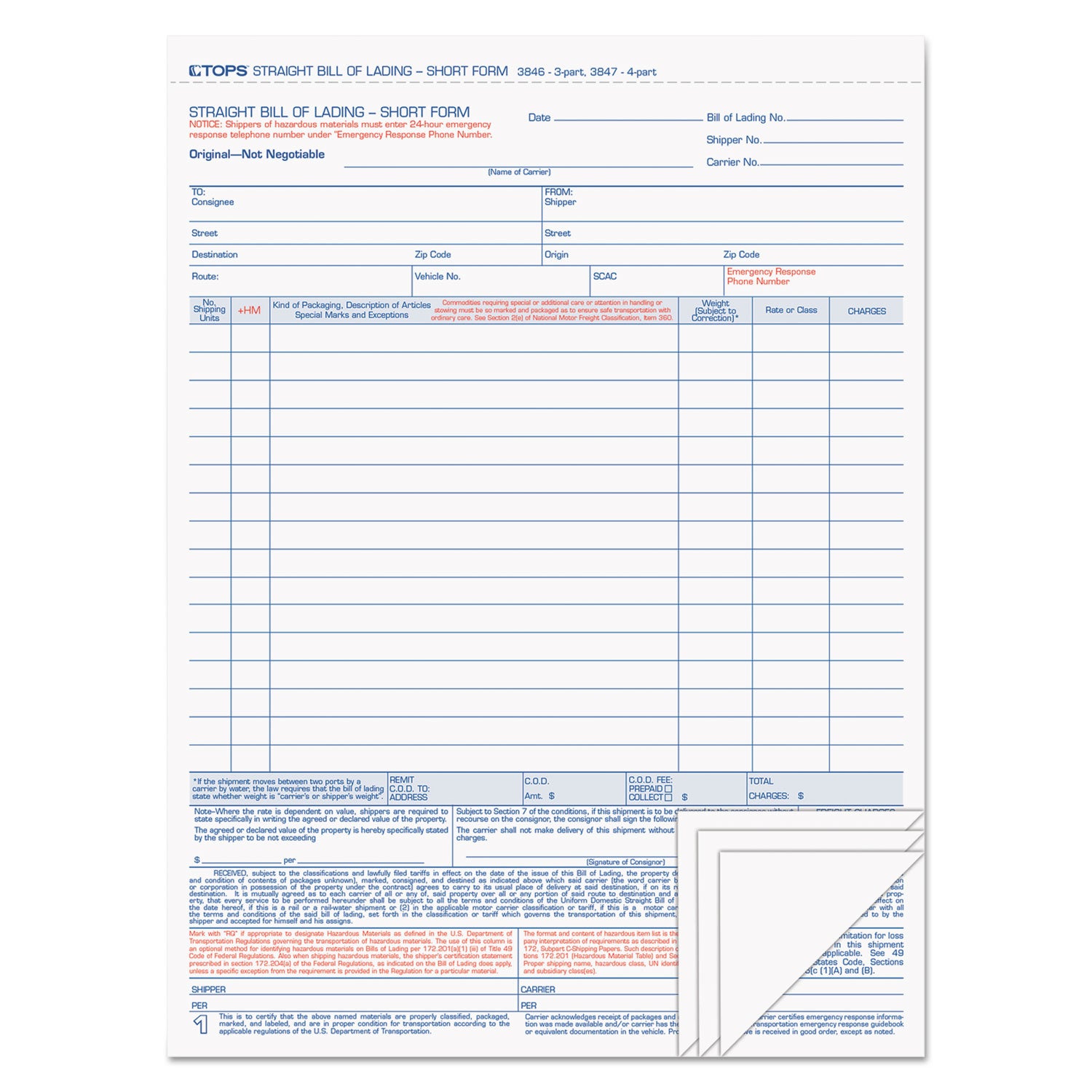 Bill of Lading, Four-Part Carbonless, 8.5 x 11, 50 Forms Total - 