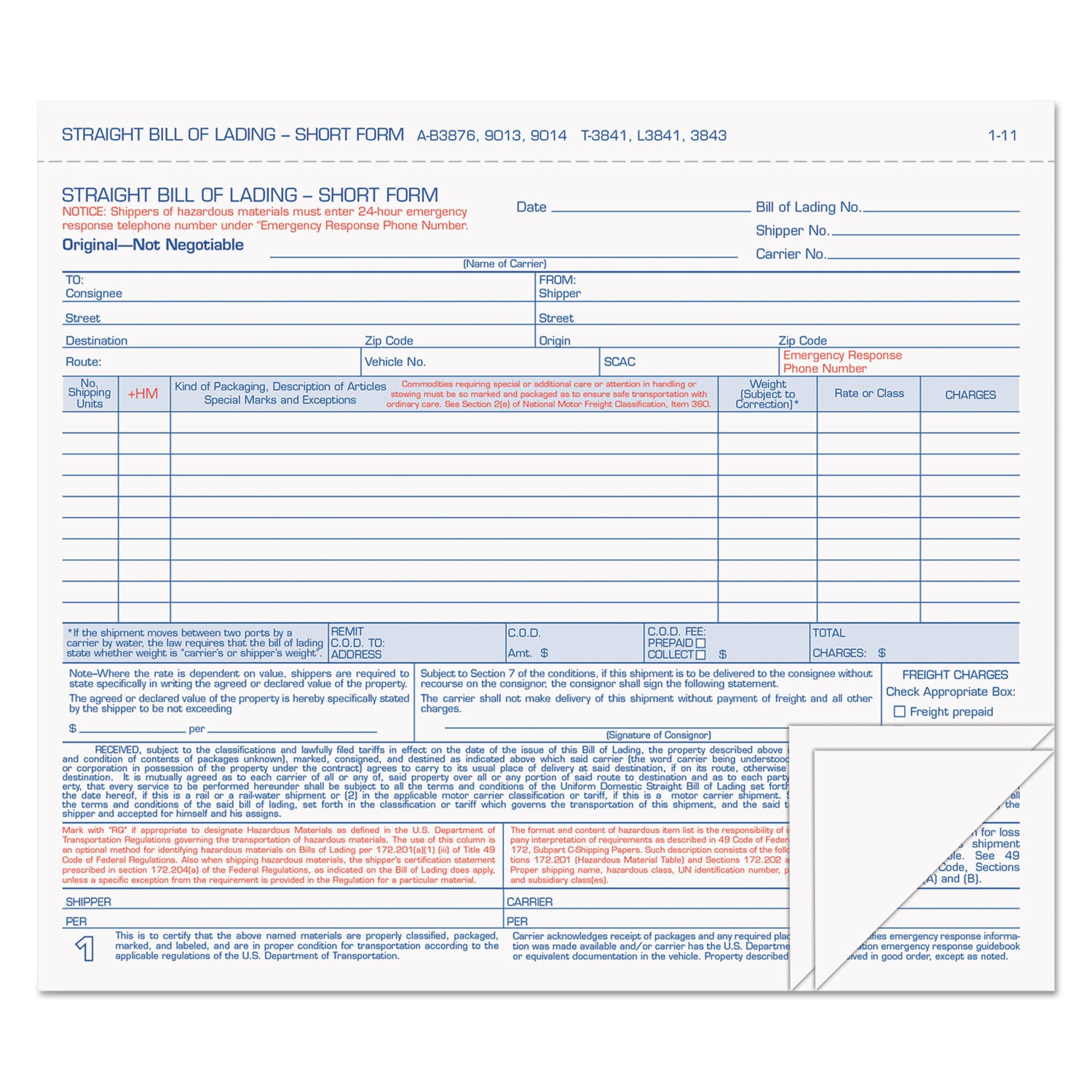 Hazardous Material Short Form, Three-Part Carbonless, 7 x 8.5, 50 Forms Total - 