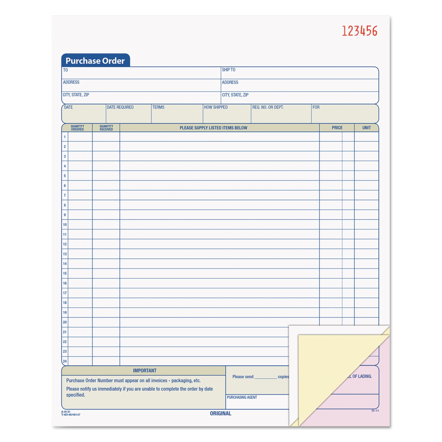 Purchase Order Book, 22 Lines, Three-Part Carbonless, 8.38 x 10.19, 50 Forms Total - 