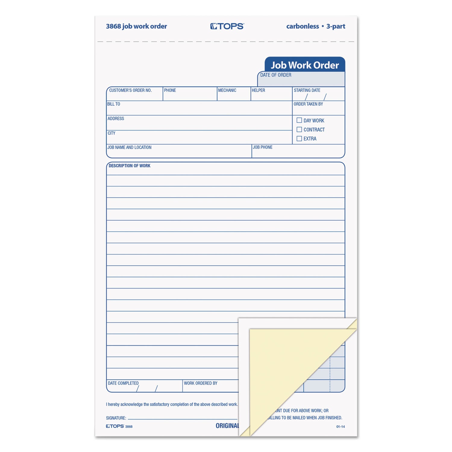 Job Work Order, Three-Part Carbonless, 5.66 x 8.63, 50 Forms Total - 