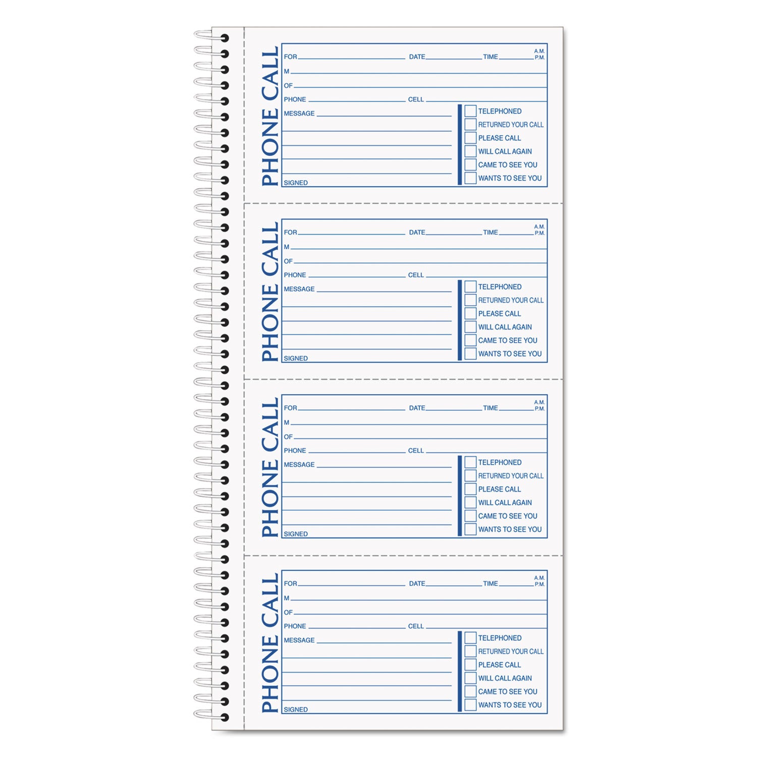 Spiralbound Message Book, Two-Part Carbonless, 5 x 2.75, 4 Forms/Sheet, 200 Forms Total - 