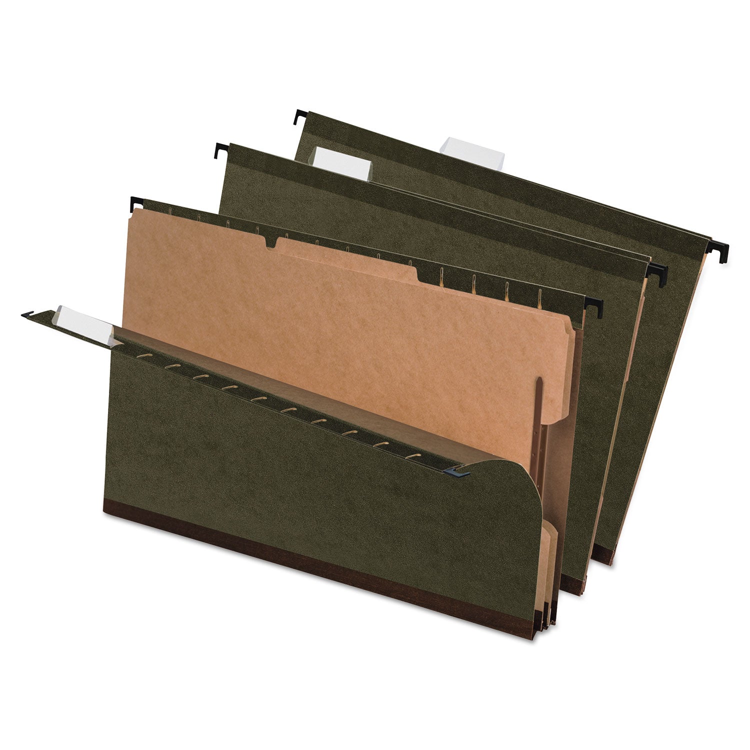 SureHook Reinforced Hanging Divider Folders, 2" Expansion, 2 Dividers, 4 Fasteners, Legal Size, Green Exterior, 10/Box - 