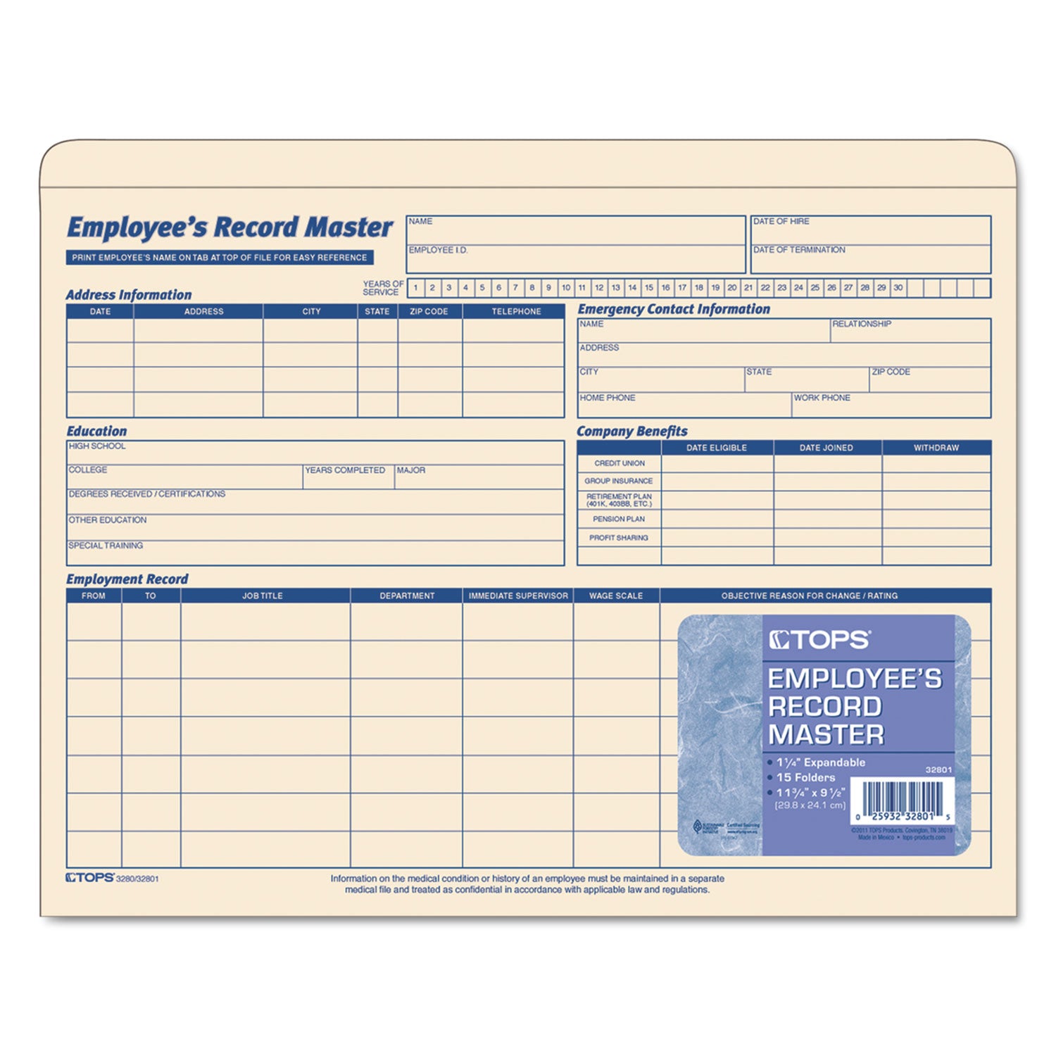 Employee Record Master File Jacket, Straight Tab, Letter Size, Manila, 15/Pack - 