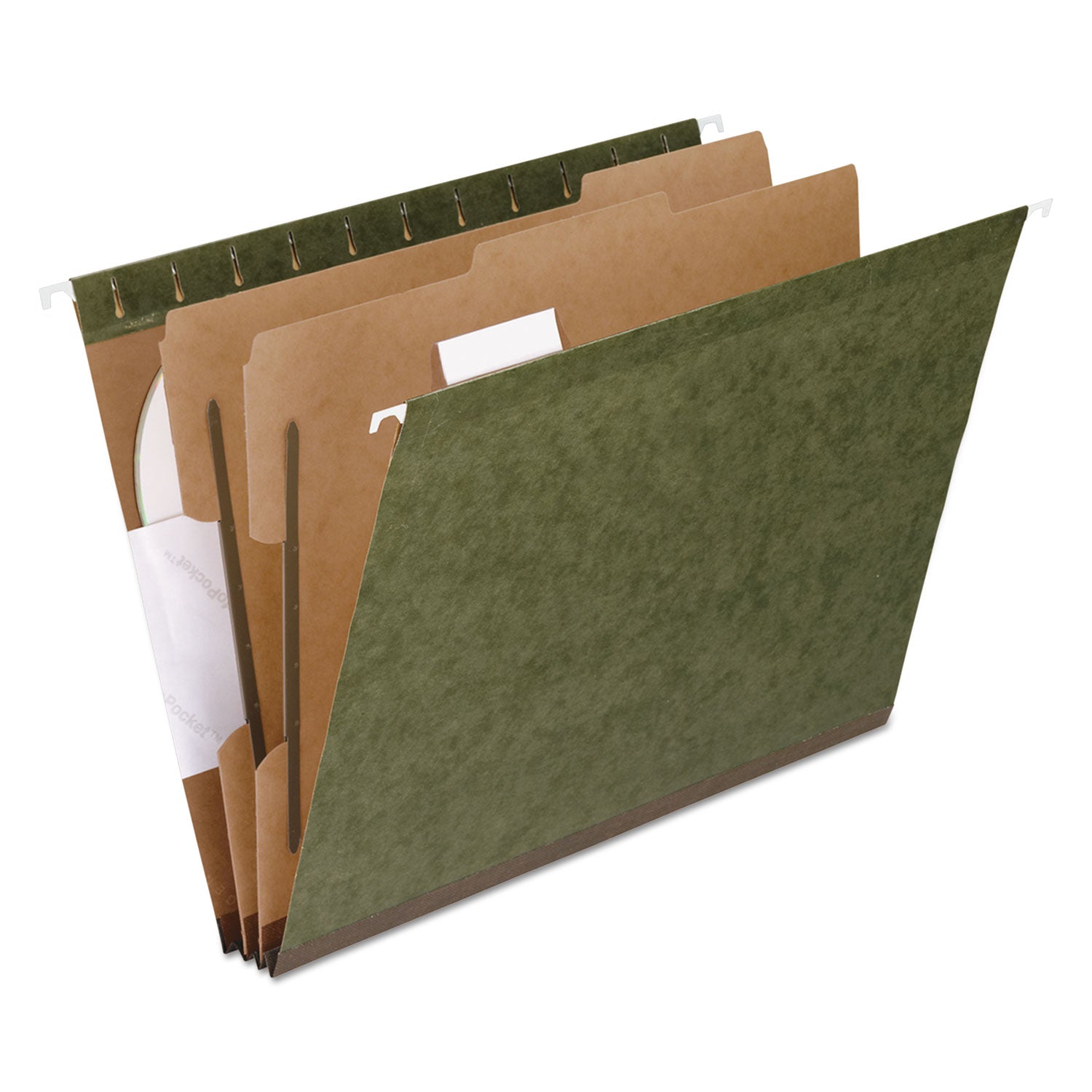 SureHook Reinforced Hanging Divider Folders, 2" Expansion, 2 Dividers, 4 Fasteners, Letter Size, Green Exterior, 10/Box - 