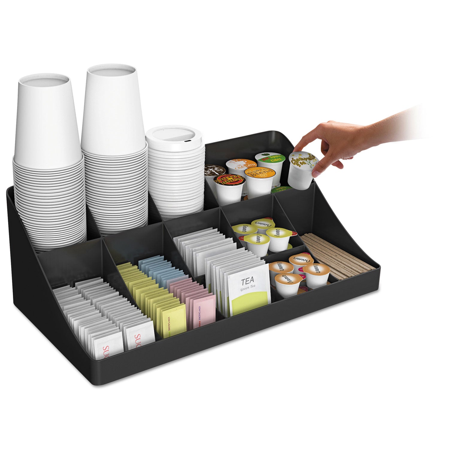 11-Compartment Coffee Condiment Organizer, 18.25 x 6.63 x 9.78, Black - 