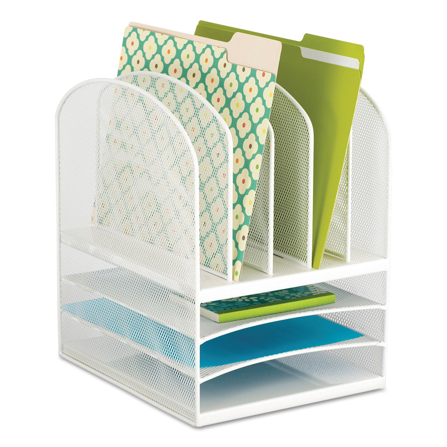 Onyx Mesh Desk Organizer with Five Vertical and Three Horizontal Sections, Letter Size Files, 11.5" x 9.5" x 13", White - 