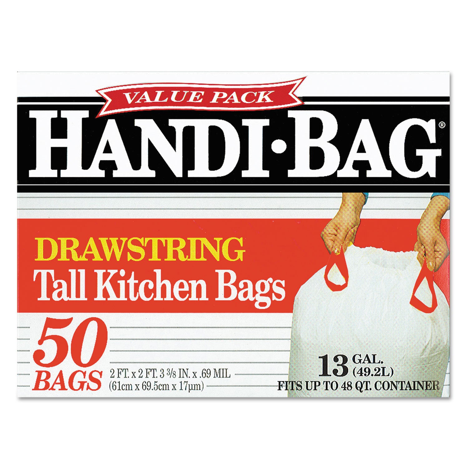 Drawstring Kitchen Bags, 13 gal, 0.6 mil, 24" x 27.4", White, 50 Bags/Box, 6 Boxes/Carton - 