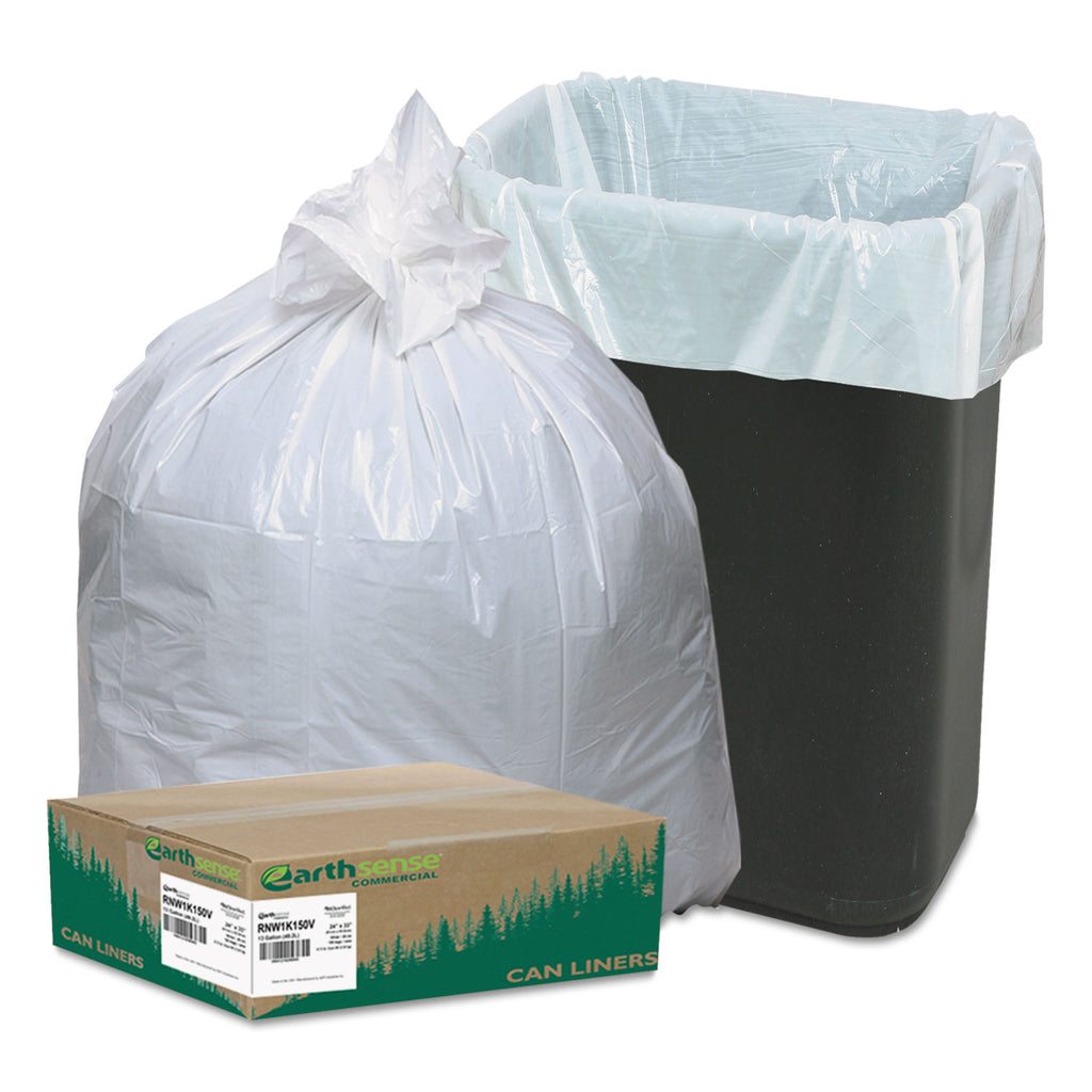 Linear-Low-Density Recycled Tall Kitchen Bags, 13 gal, 0.85 mil, 24" x 33", White, 15 Bags/Roll, 10 Rolls/Box