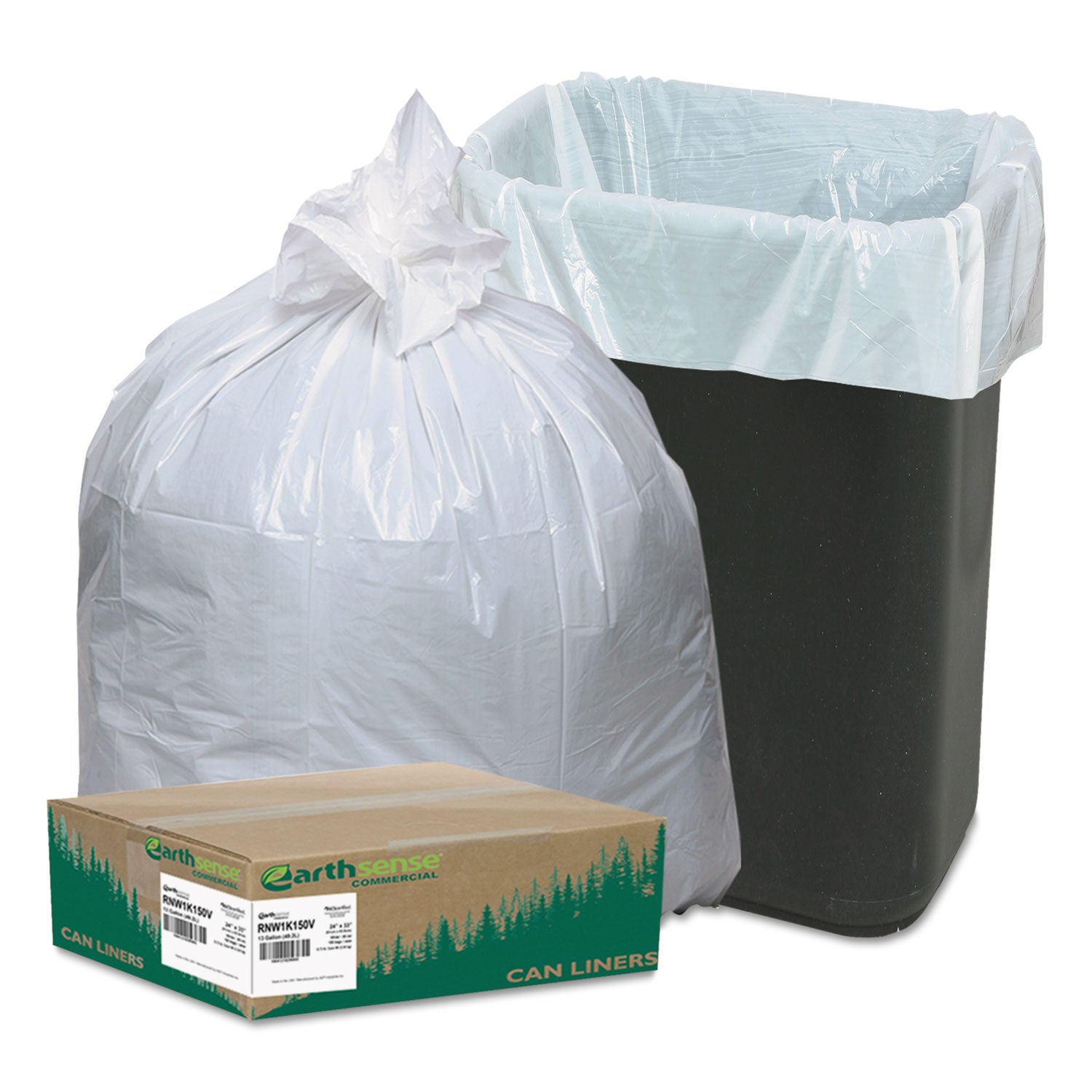 Linear-Low-Density Recycled Tall Kitchen Bags, 13 gal, 0.85 mil, 24" x 33", White, 15 Bags/Roll, 10 Rolls/Box