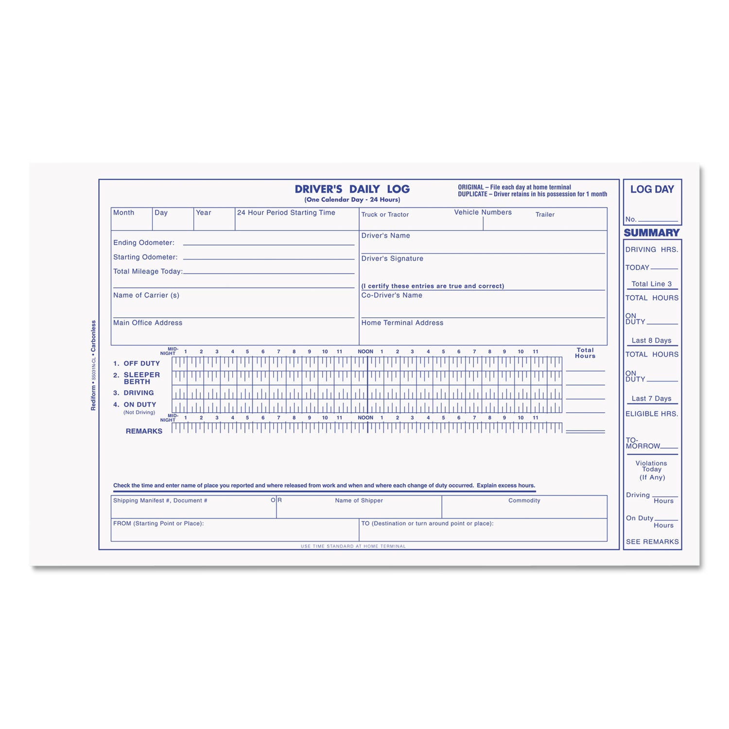 Driver's Daily Log Book, Two-Part Carbonless, 8.75 x 5.38, 31 Forms Total - 