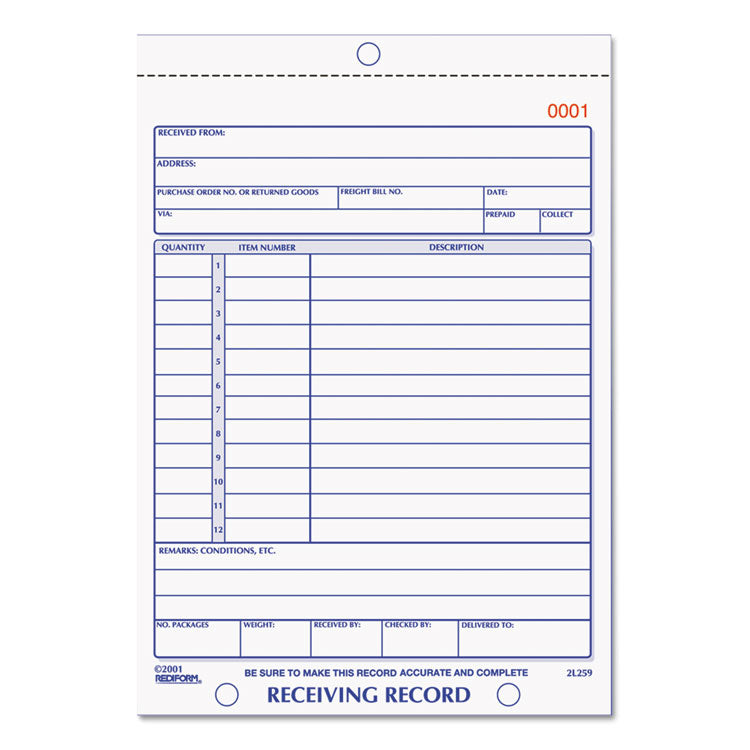 Receiving Record Book, Two-Part Carbonless, 5.56 x 7.94, 1/Page, 50 Forms - 