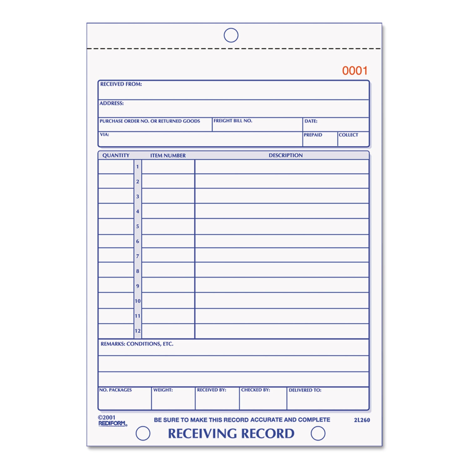 Receiving Record Book, Three-Part Carbonless, 5.56 x 7.94, 50 Forms Total - 