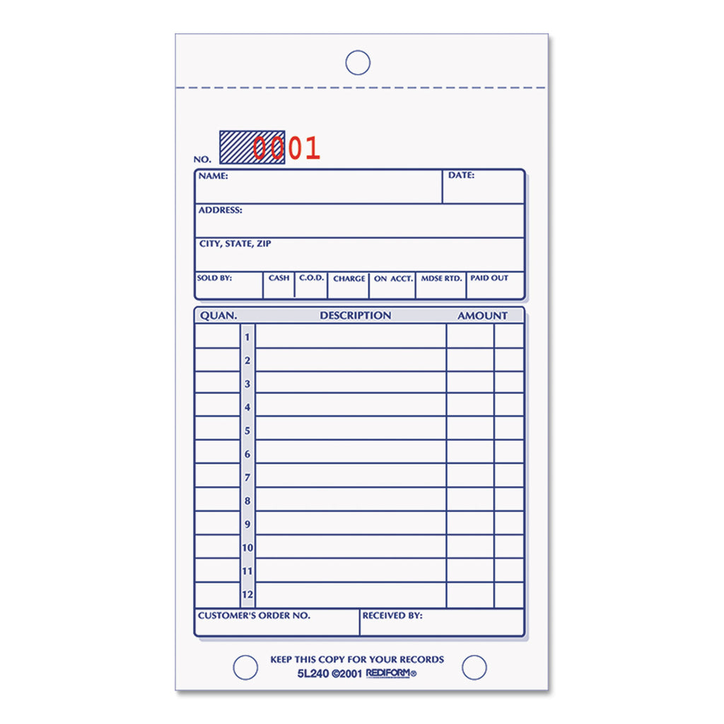 Sales Book, 12 Lines, Two-Part Carbonless, 3.63 x 6.38, 50 Forms Total - 