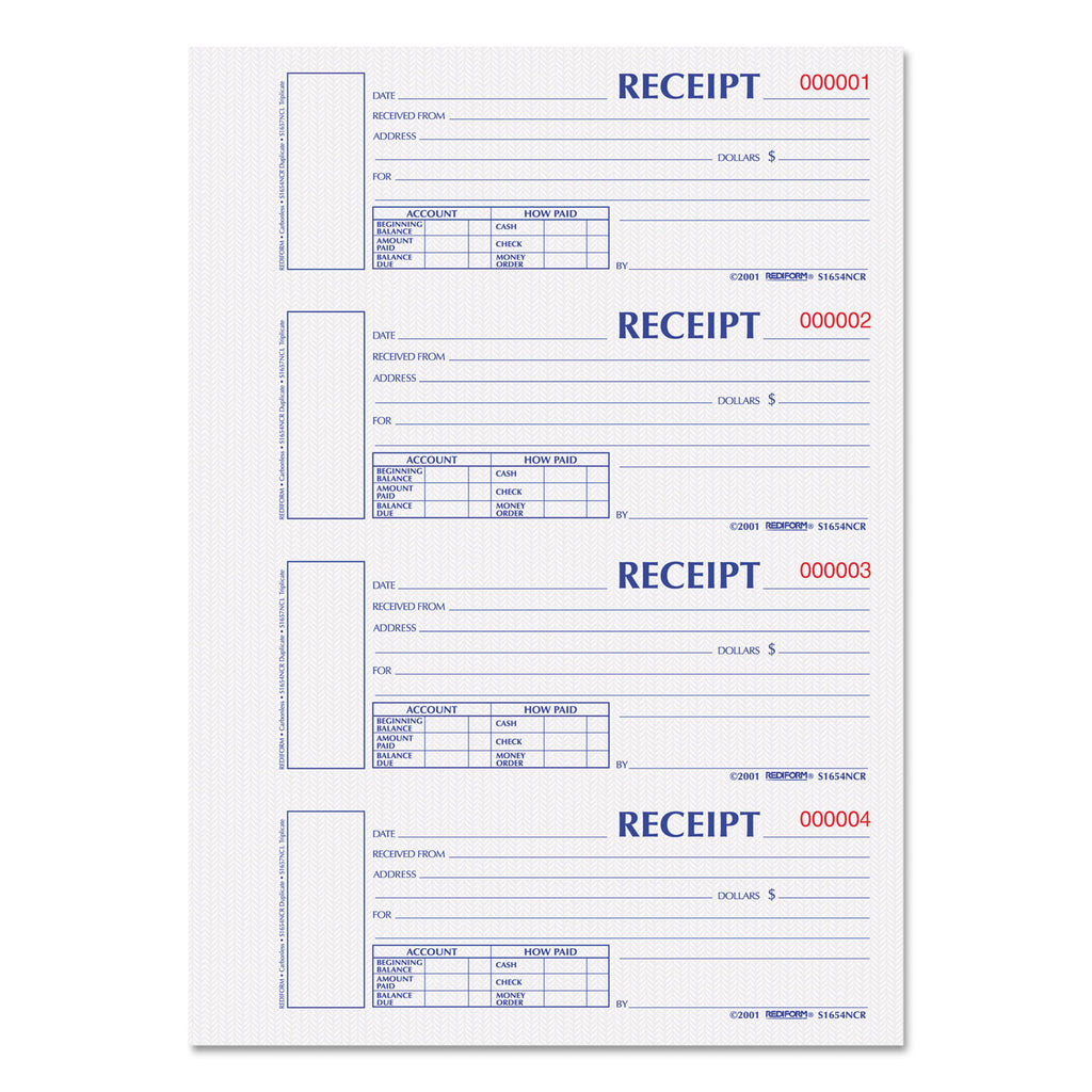 Durable Hardcover Numbered Money Receipt Book, Two-Part Carbonless, 6.88 x 2.75, 4 Forms/Sheet, 300 Forms Total