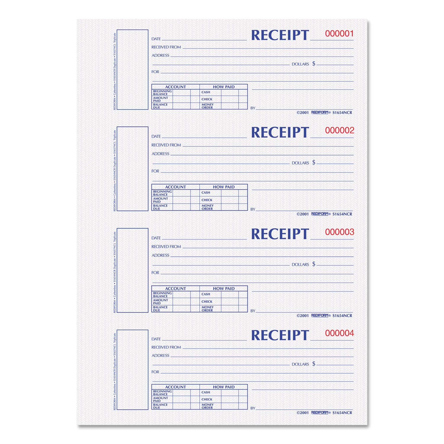 Durable Hardcover Numbered Money Receipt Book, Two-Part Carbonless, 6.88 x 2.75, 4 Forms/Sheet, 300 Forms Total - 