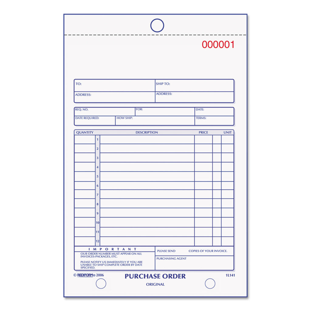 Purchase Order Book, 12 Lines, Three-Part Carbonless, 5.5 x 7.88, 50 Forms Total - 