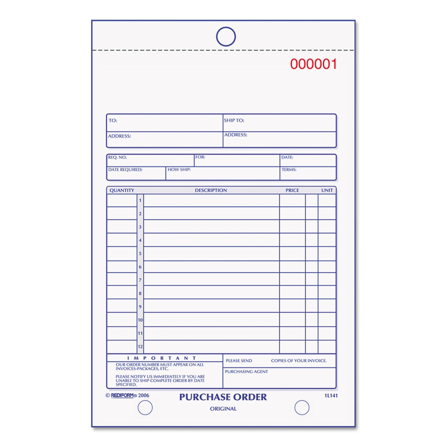 Purchase Order Book, 12 Lines, Three-Part Carbonless, 5.5 x 7.88, 50 Forms Total - 