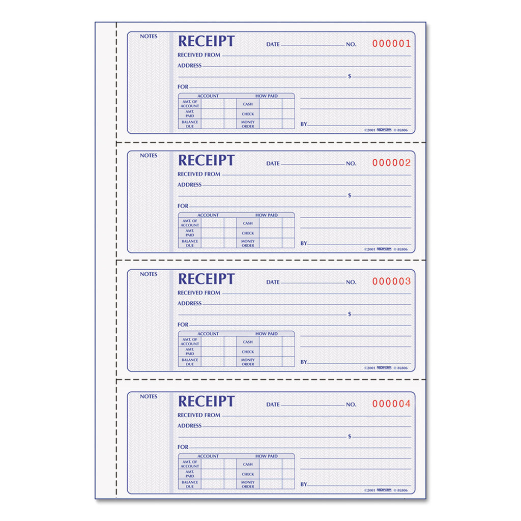 Money Receipt Book, Softcover, Two-Part Carbonless, 7 x 2.75, 4 Forms/Sheet, 200 Forms Total - 