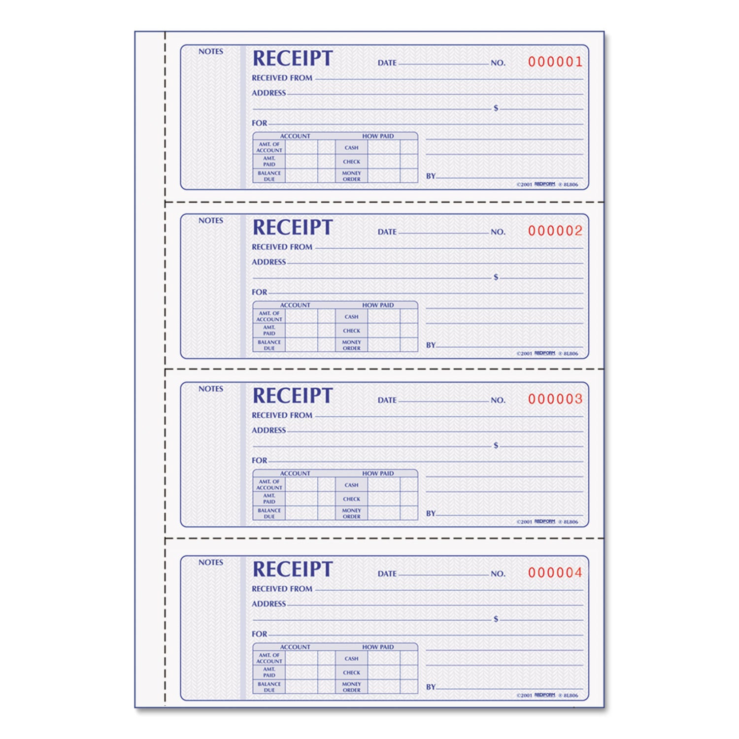 Money Receipt Book, Softcover, Two-Part Carbonless, 7 x 2.75, 4 Forms/Sheet, 200 Forms Total - 