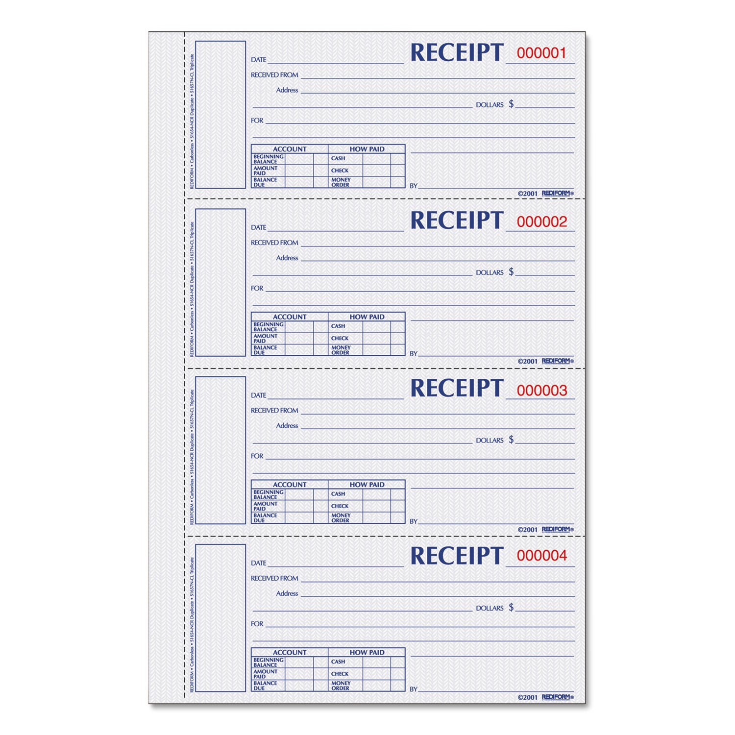 Durable Hardcover Numbered Money Receipt Book, Three-Part Carbonless, 6.88 x 2.75, 4 Forms/Sheet, 200 Forms Total - 