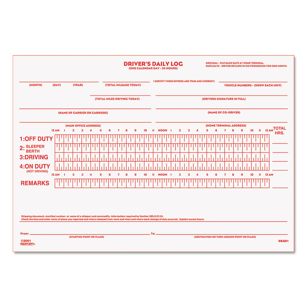 Driver's Daily Log Book with Daily Record and Hours Summary, Two-Part Carbonless, 7.88 x 5.5, 31 Forms Total - 