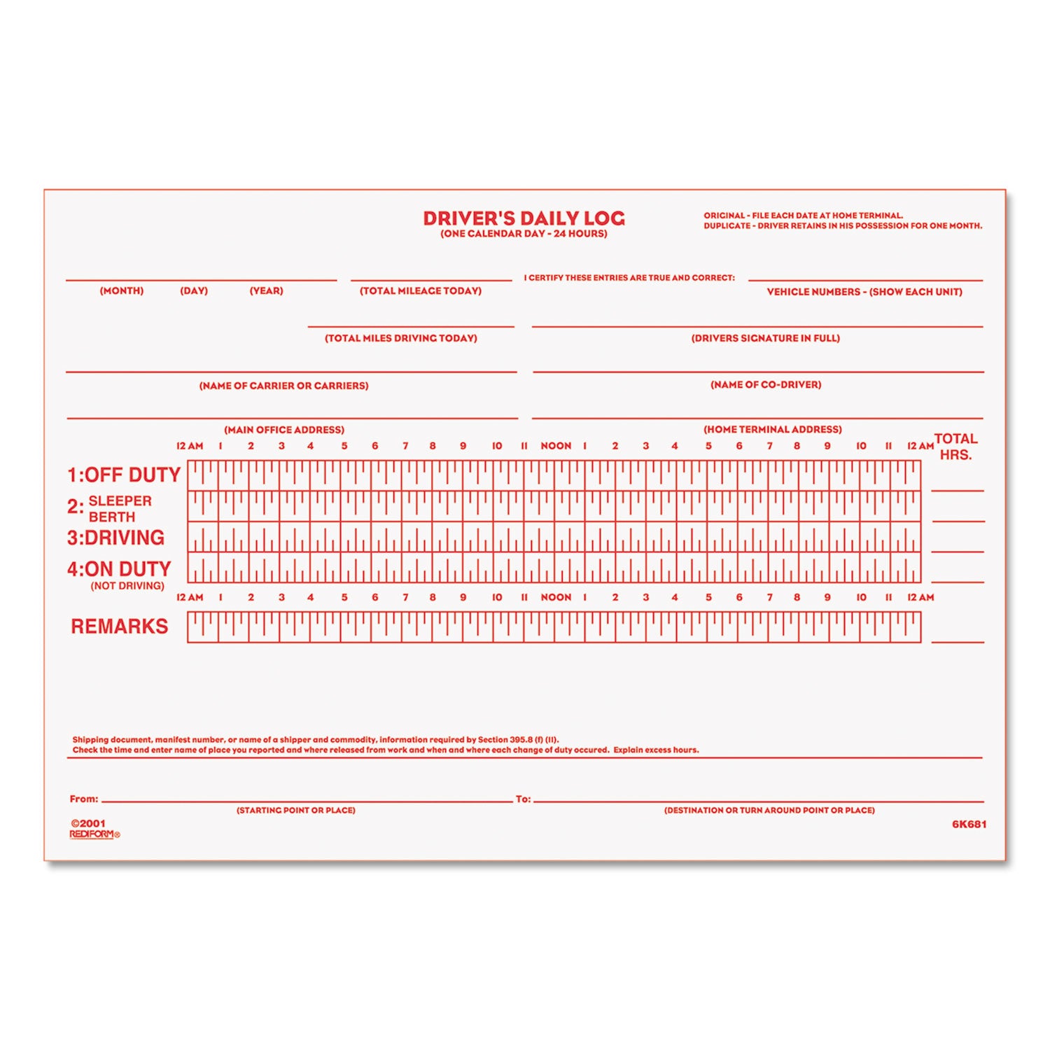 Driver's Daily Log Book with Daily Record and Hours Summary, Two-Part Carbonless, 7.88 x 5.5, 31 Forms Total - 
