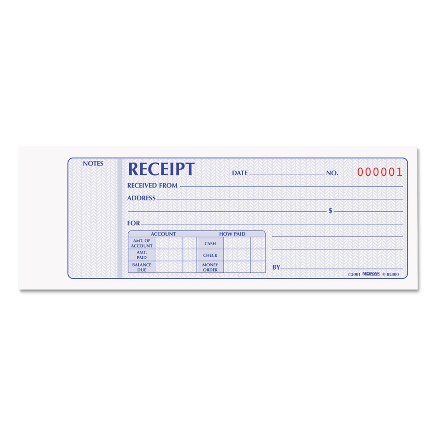 Receipt Book, Two-Part Carbonless, 7 x 2.75, 4 Forms/Sheet, 100 Forms Total - 