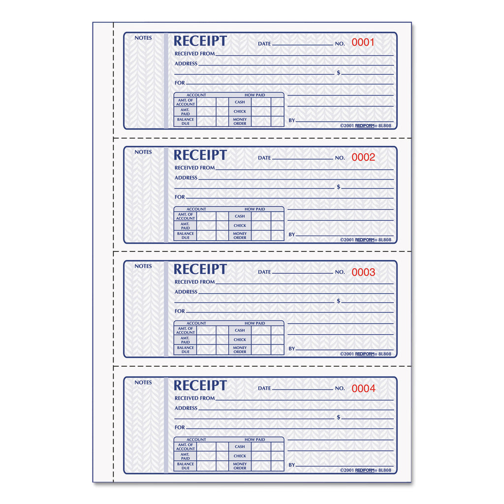 Money Receipt Book, FormGuard Cover, Three-Part Carbonless, 7 x 2.75, 4 Forms/Sheet, 100 Forms Total