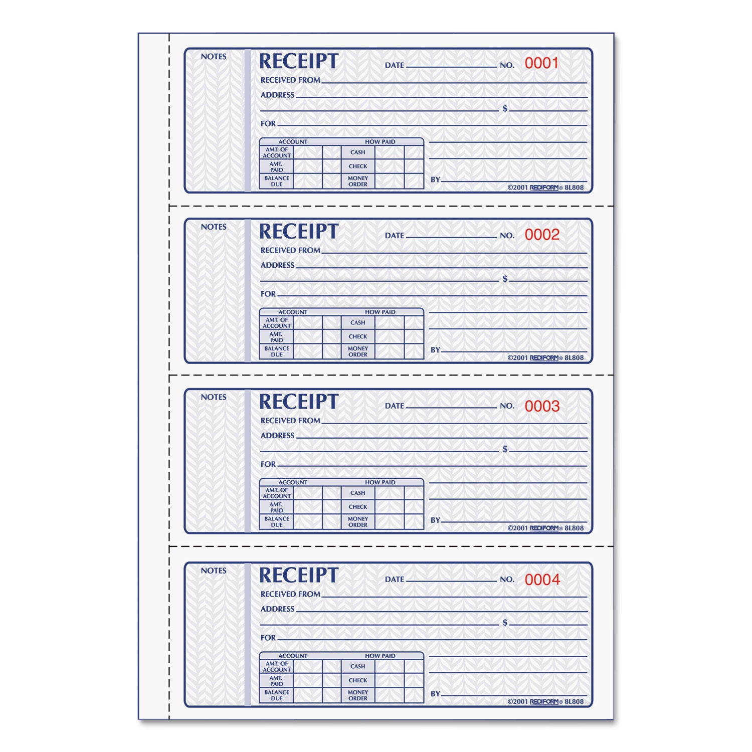 Money Receipt Book, FormGuard Cover, Three-Part Carbonless, 7 x 2.75, 4 Forms/Sheet, 100 Forms Total - 