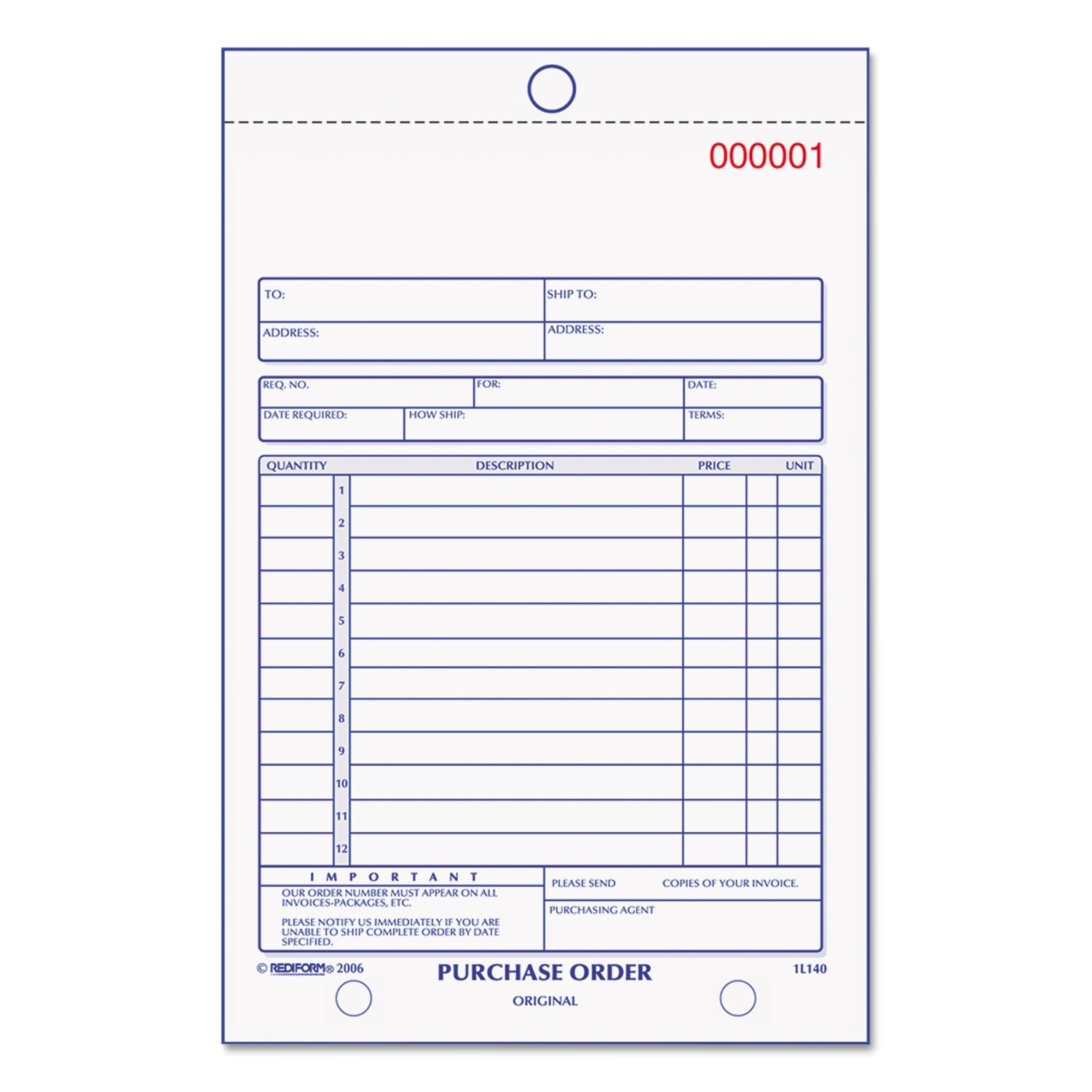 Purchase Order Book, 12 Lines, Two-Part Carbonless, 5.5 x 7.88, 50 Forms Total - 
