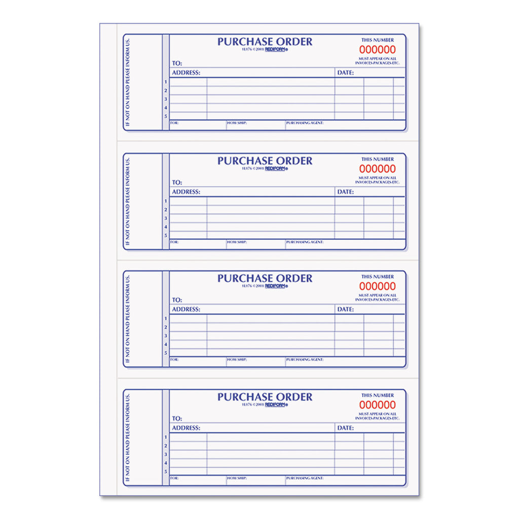 Purchase Order Book, 5 Lines, Two-Part Carbonless, 7 x 2.75, 4 Forms/Sheet, 400 Forms Total - 