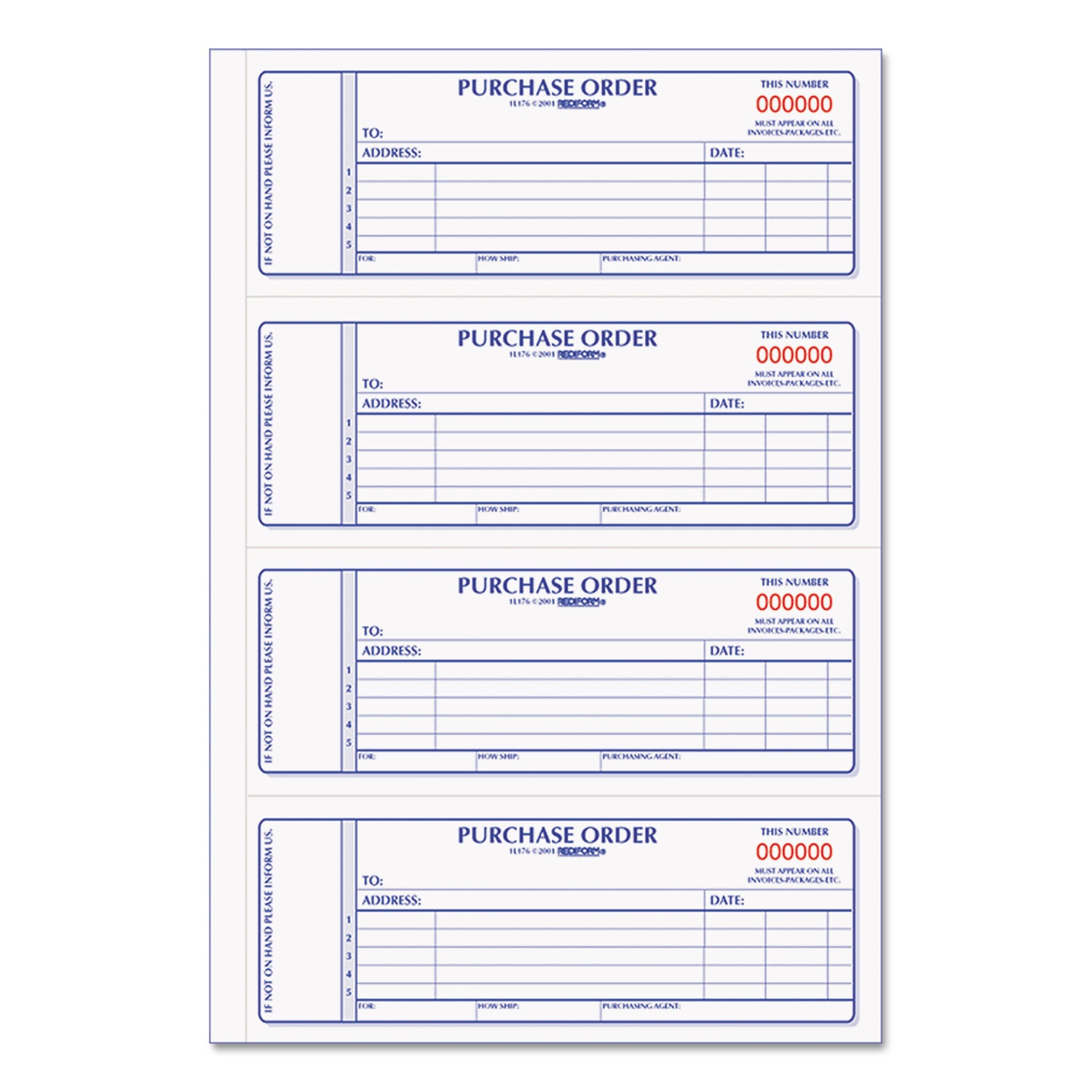 Purchase Order Book, 5 Lines, Two-Part Carbonless, 7 x 2.75, 4 Forms/Sheet, 400 Forms Total - 