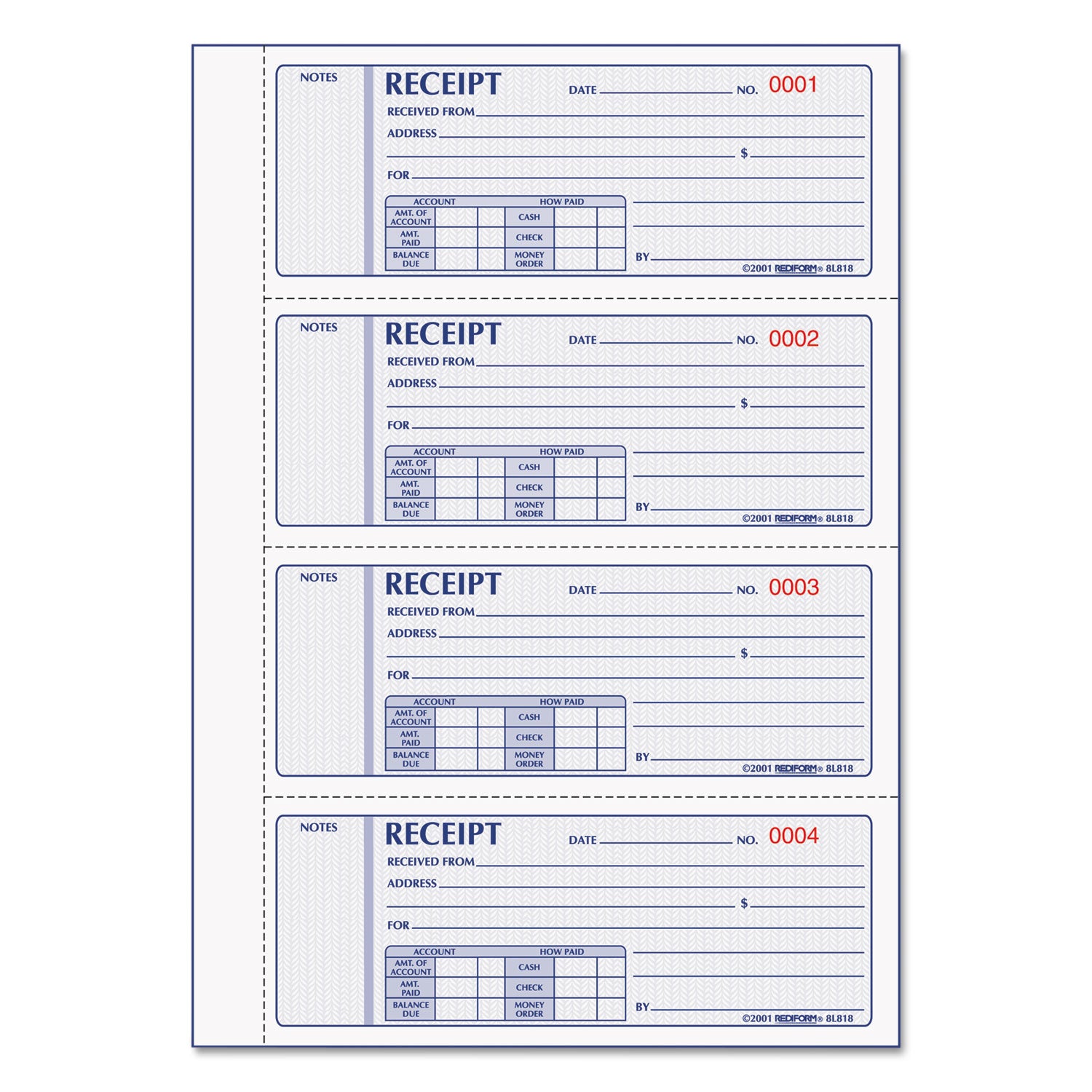 Money Receipt Book, Hardcover, Three-Part Carbonless, 7 x 2.75, 4 Forms/Sheet, 200 Forms Total - 