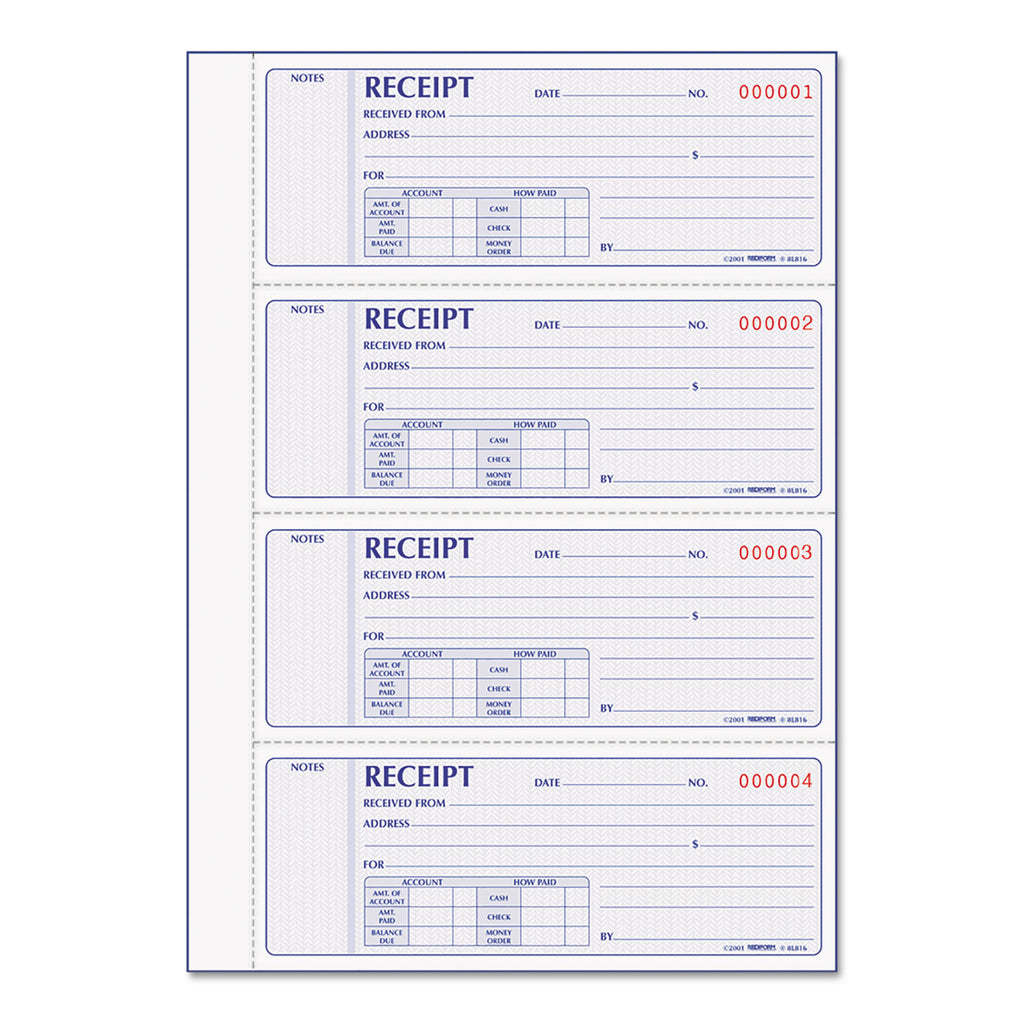Receipt Book, Two-Part Carbonless, 7 x 2.75, 4 Forms/Sheet, 400 Forms Total - 