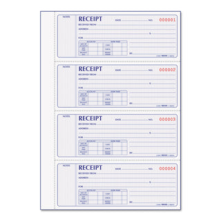 Receipt Book, Two-Part Carbonless, 7 x 2.75, 4 Forms/Sheet, 400 Forms Total - 
