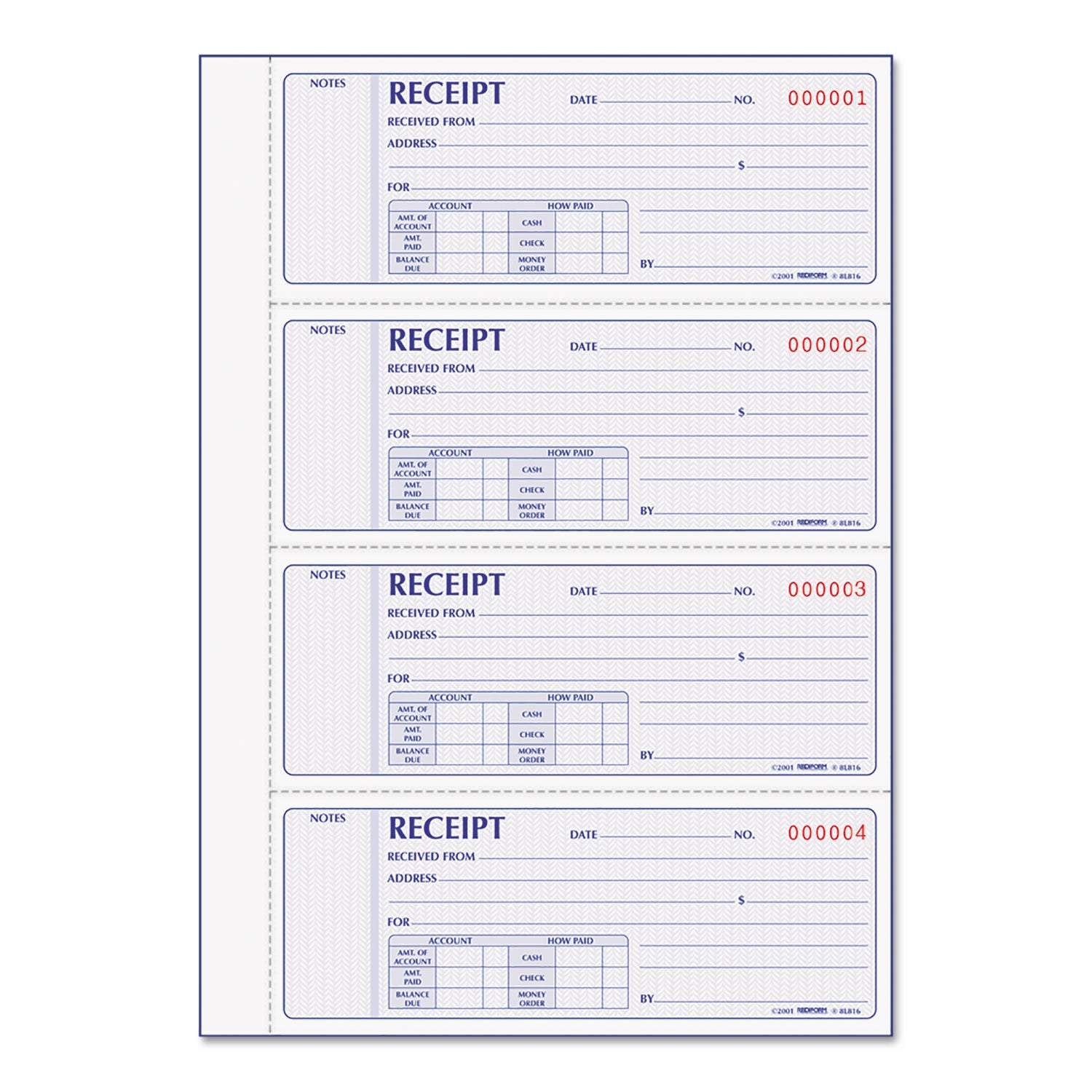 Receipt Book, Two-Part Carbonless, 7 x 2.75, 4 Forms/Sheet, 400 Forms Total - 