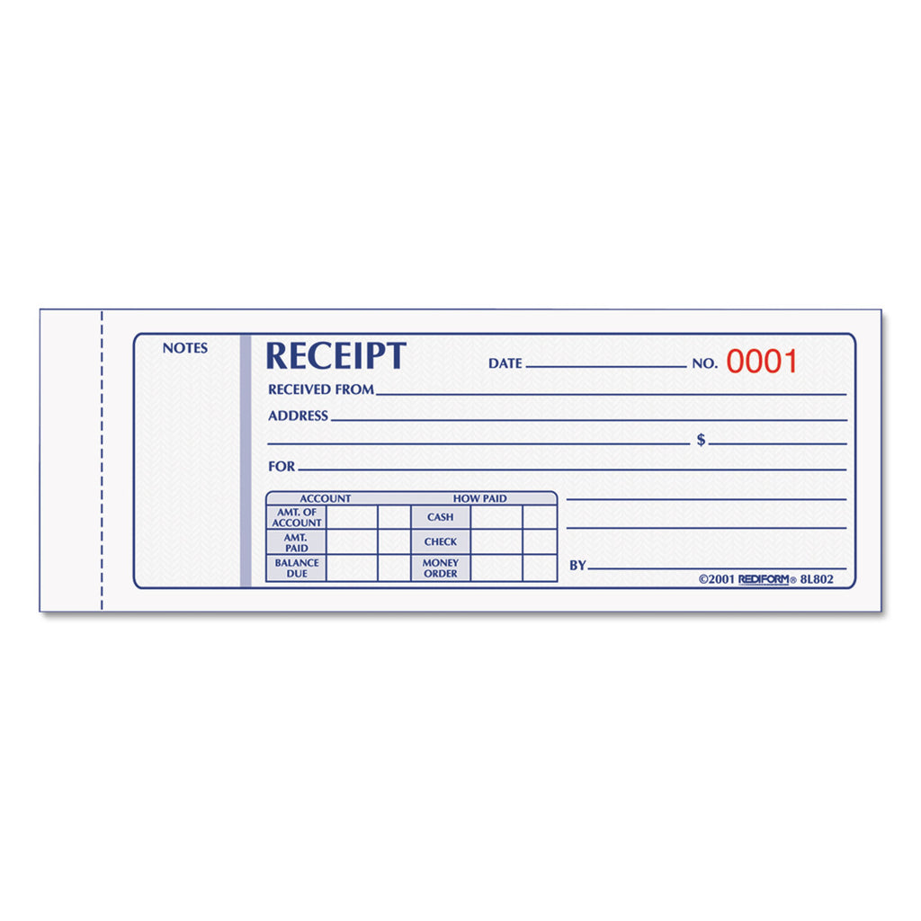 Receipt Book, Three-Part Carbonless, 7 x 2.75, 4 Forms/Sheet, 50 Forms Total - 