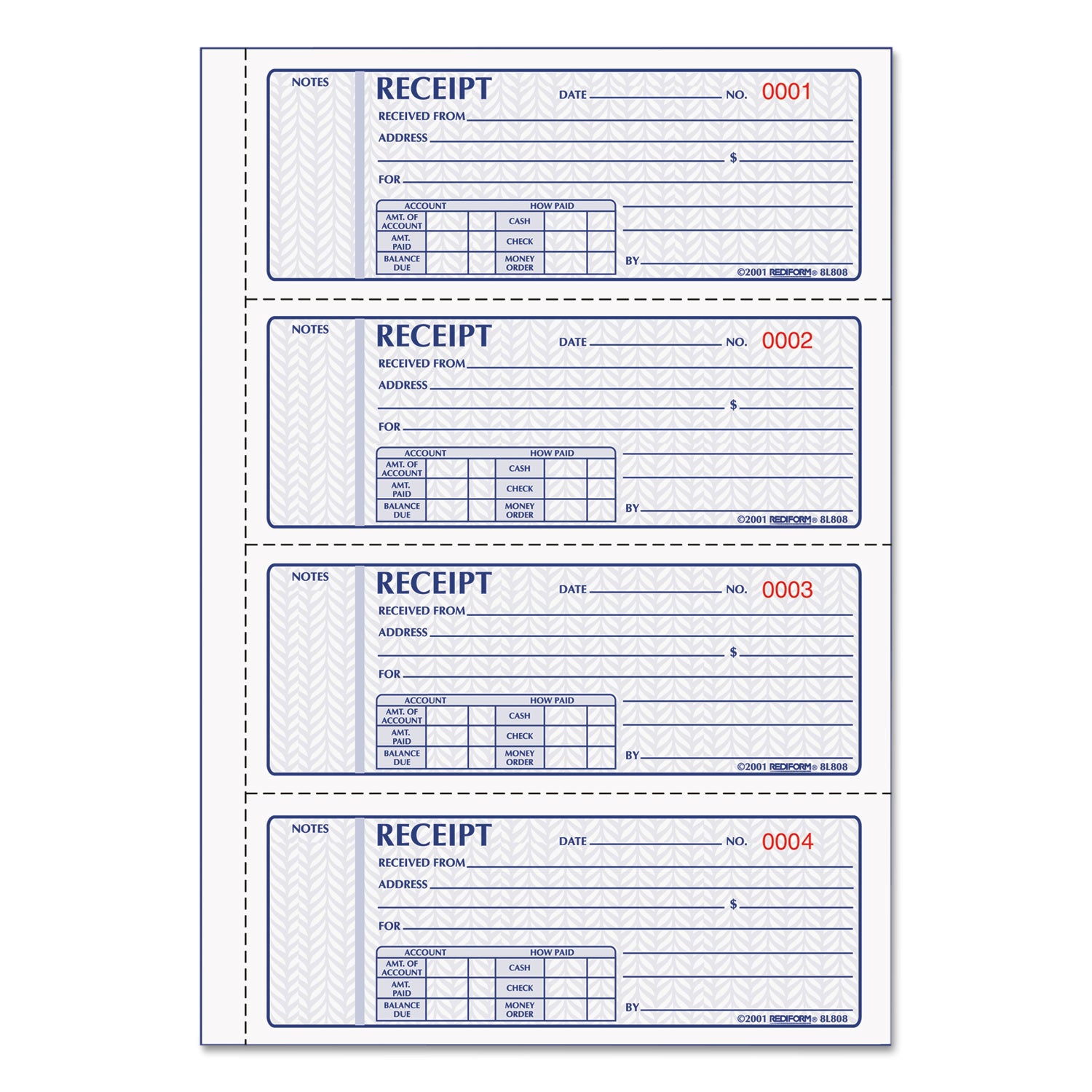 Money Receipt Book, Softcover, Three-Part Carbonless, 7 x 2.75, 4 Forms/Sheet, 100 Forms Total - 