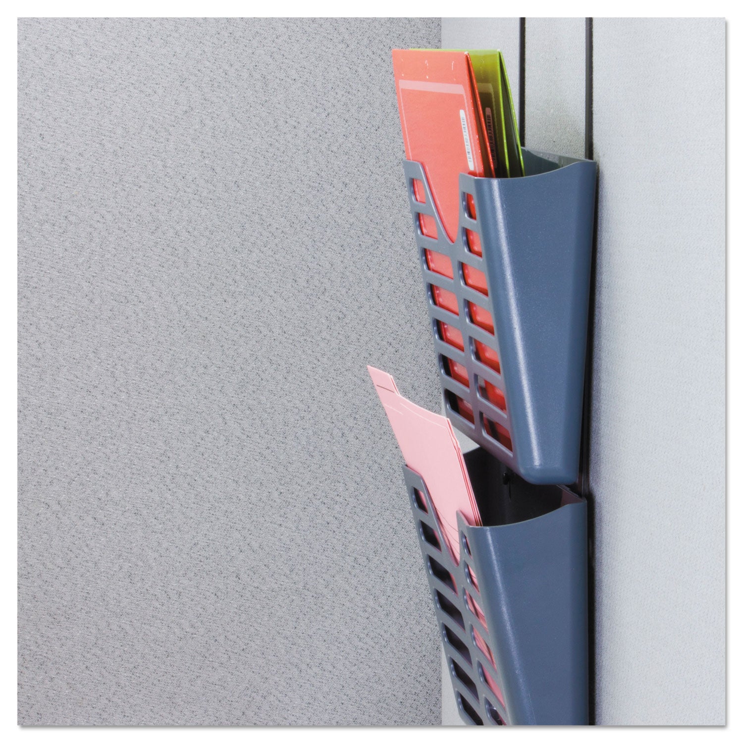 Recycled Plastic Cubicle Triple File Pocket, Cubicle Pins Mount, 13.5 x 4.75 x 28, Charcoal - 