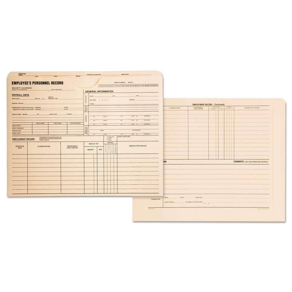 Employee Record Jacket, Straight Tab, Letter Size, Manila, 100/Box