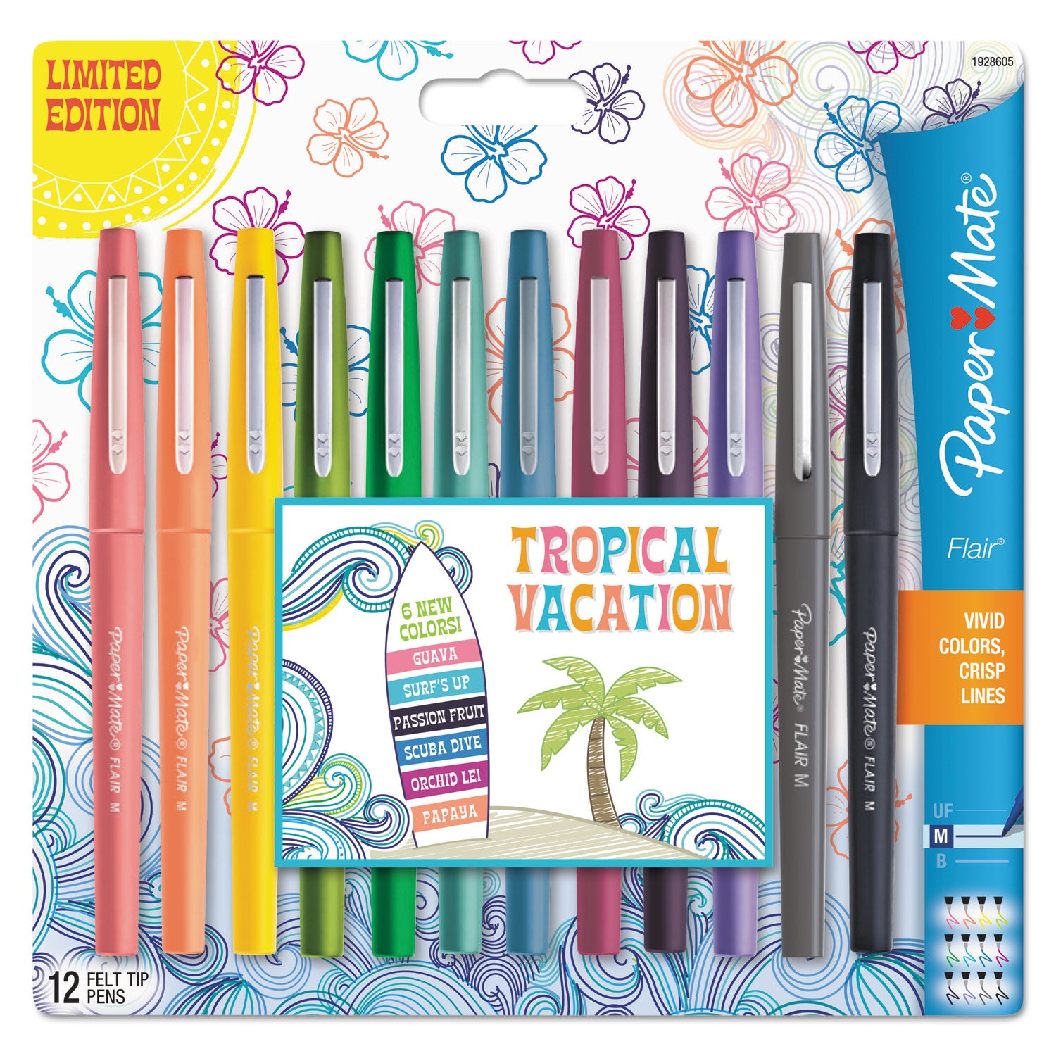 Point Guard Flair Felt Tip Porous Point Pen, Stick, Medium 0.7 mm, Assorted Tropical Vacation Ink and Barrel Colors, Dozen - 