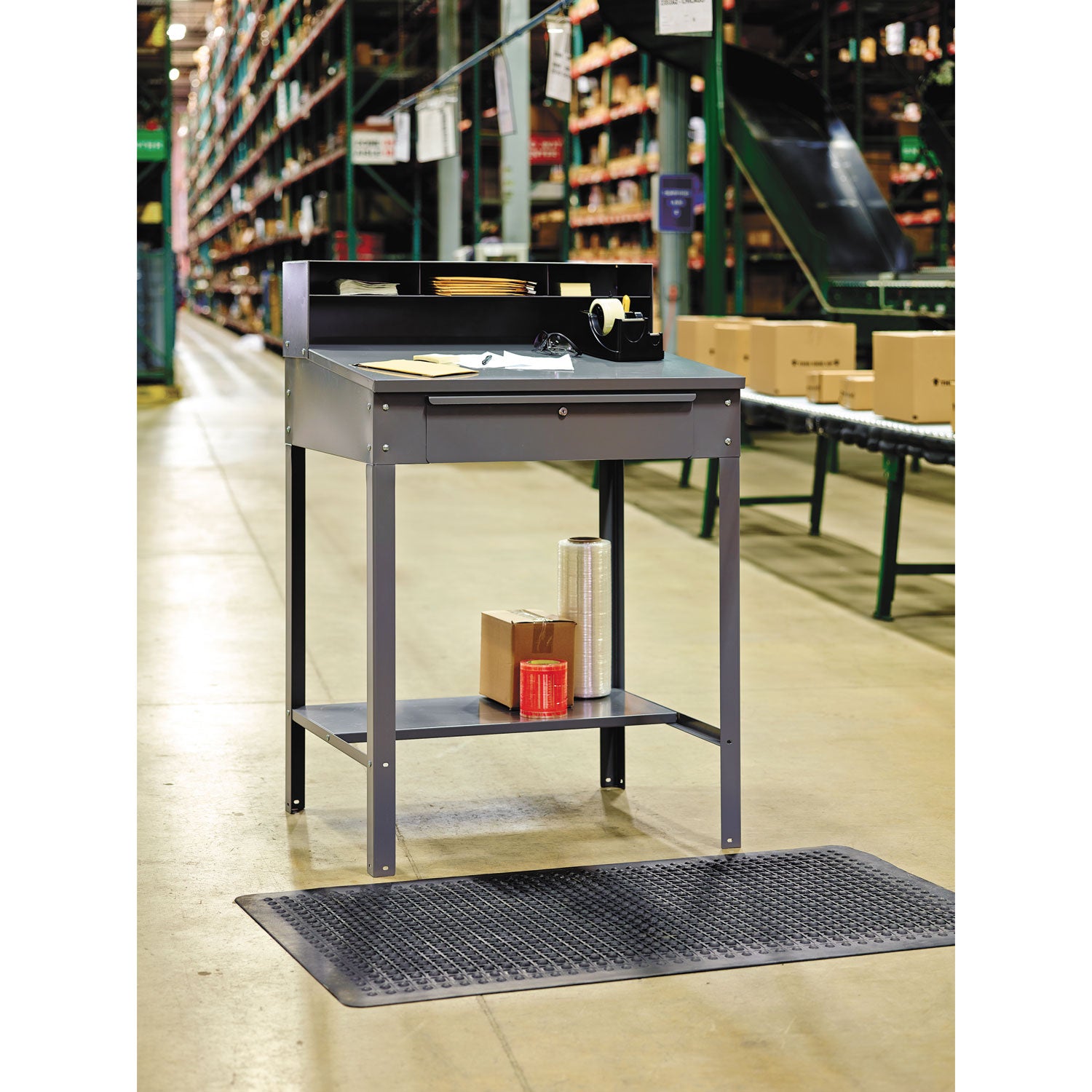 Open Steel Shop Desk, 34.5" x 29" x 53.75", Medium Gray - 