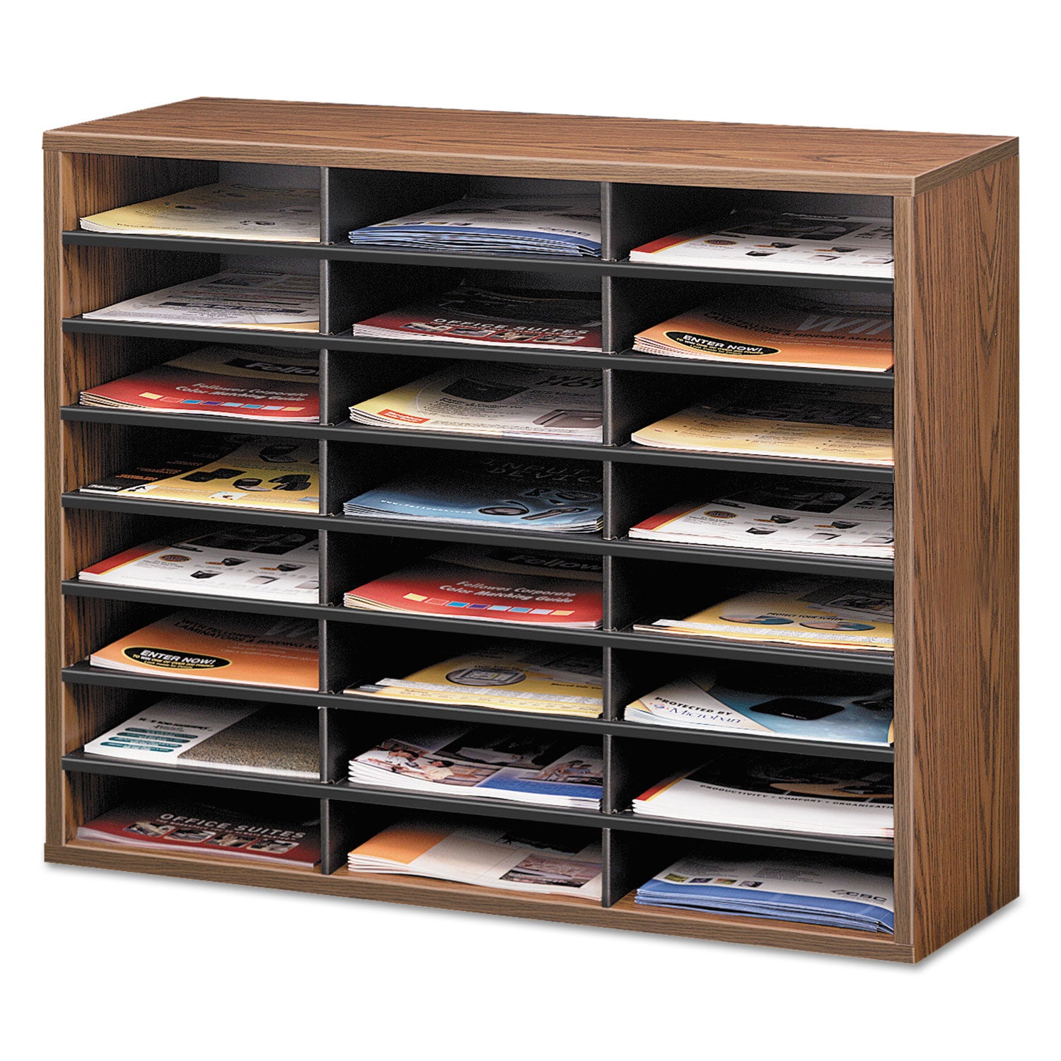 Literature Organizer, 24 Letter Compartments, 29 x 11.88 x 23.44, Medium Oak - 