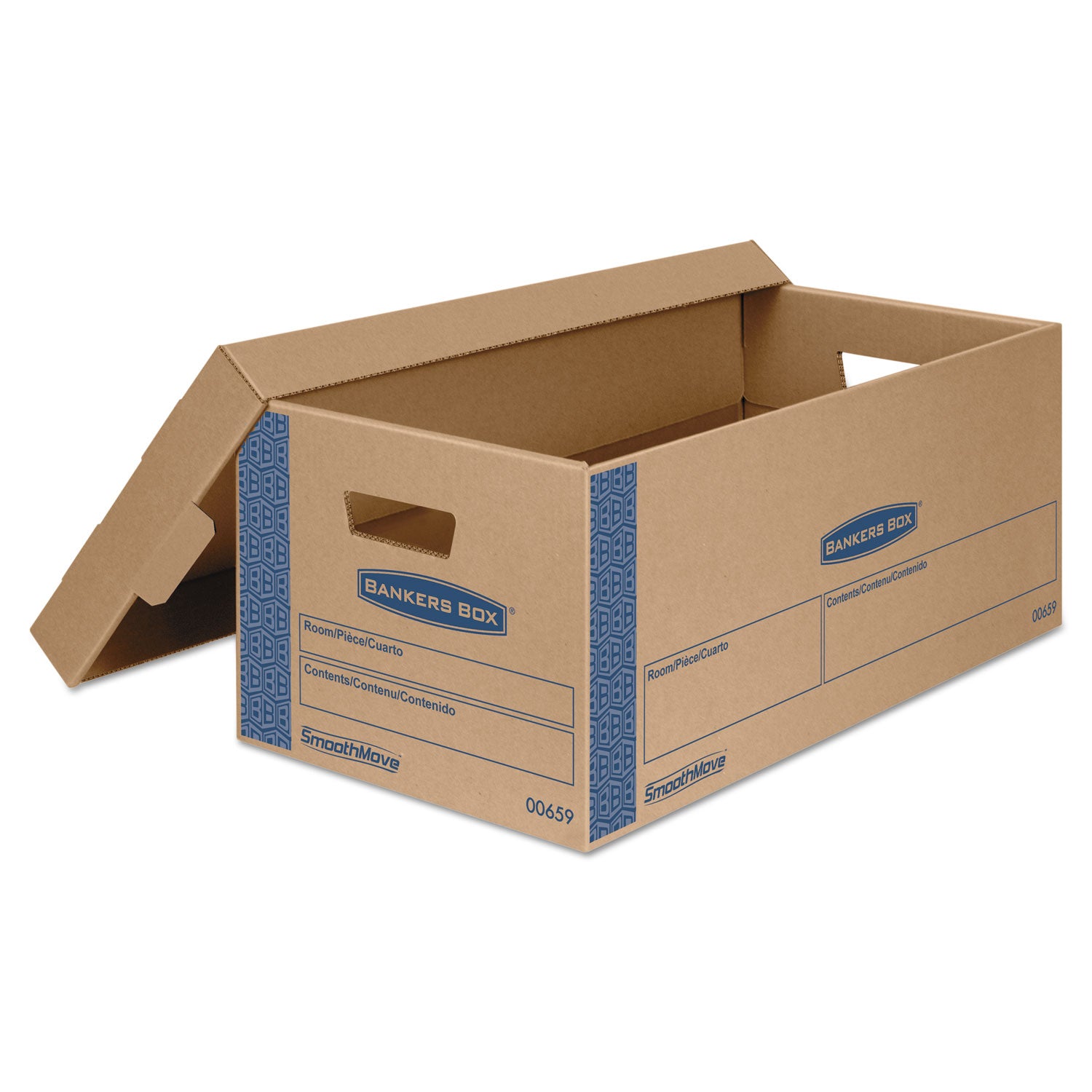 SmoothMove Prime Moving/Storage Boxes, Lift-Off Lid, Half Slotted Container, Small, 12" x 24" x 10", Brown/Blue, 8/Carton - 